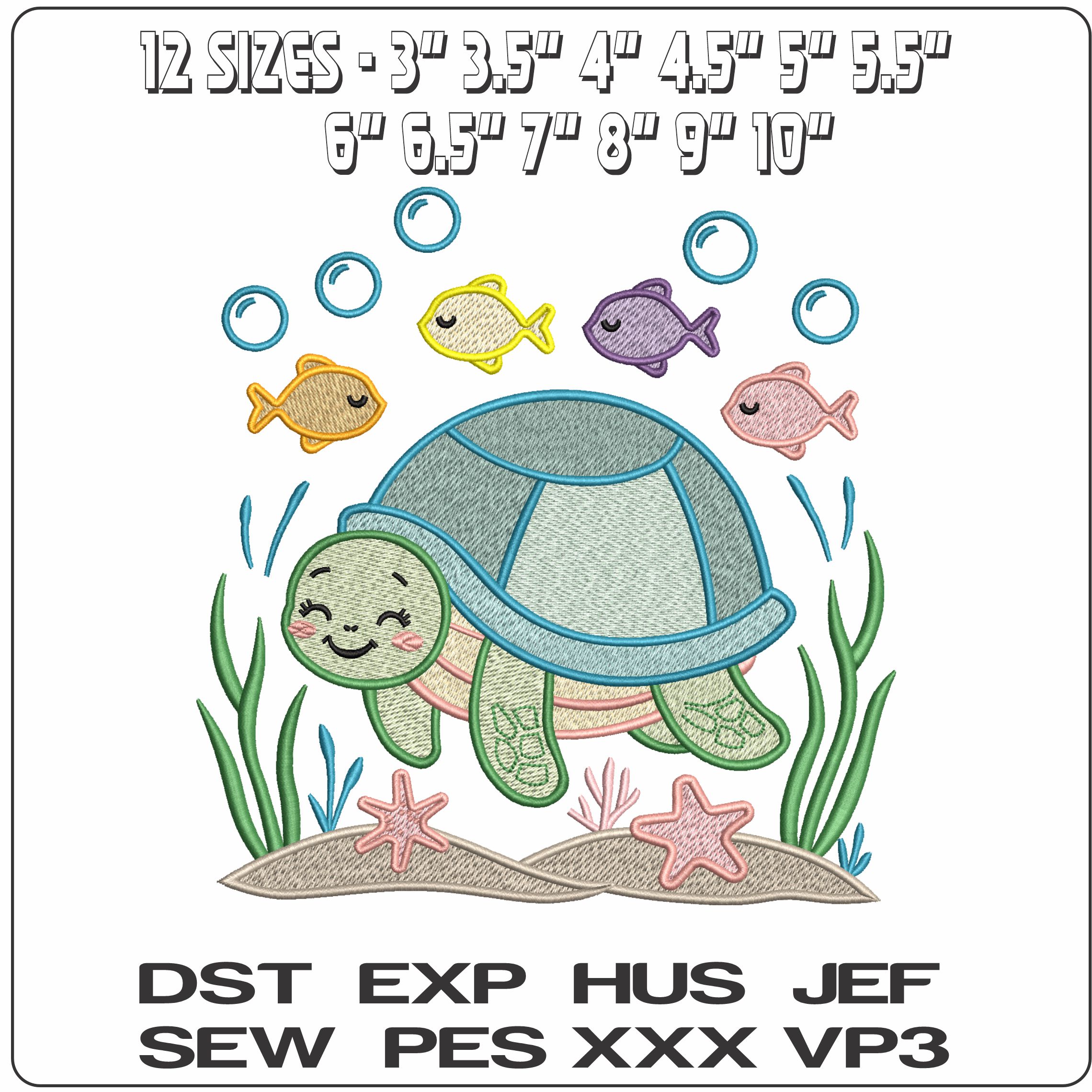 Turtle swimming with fish- Elegant embroidery design file - instant download — view 2