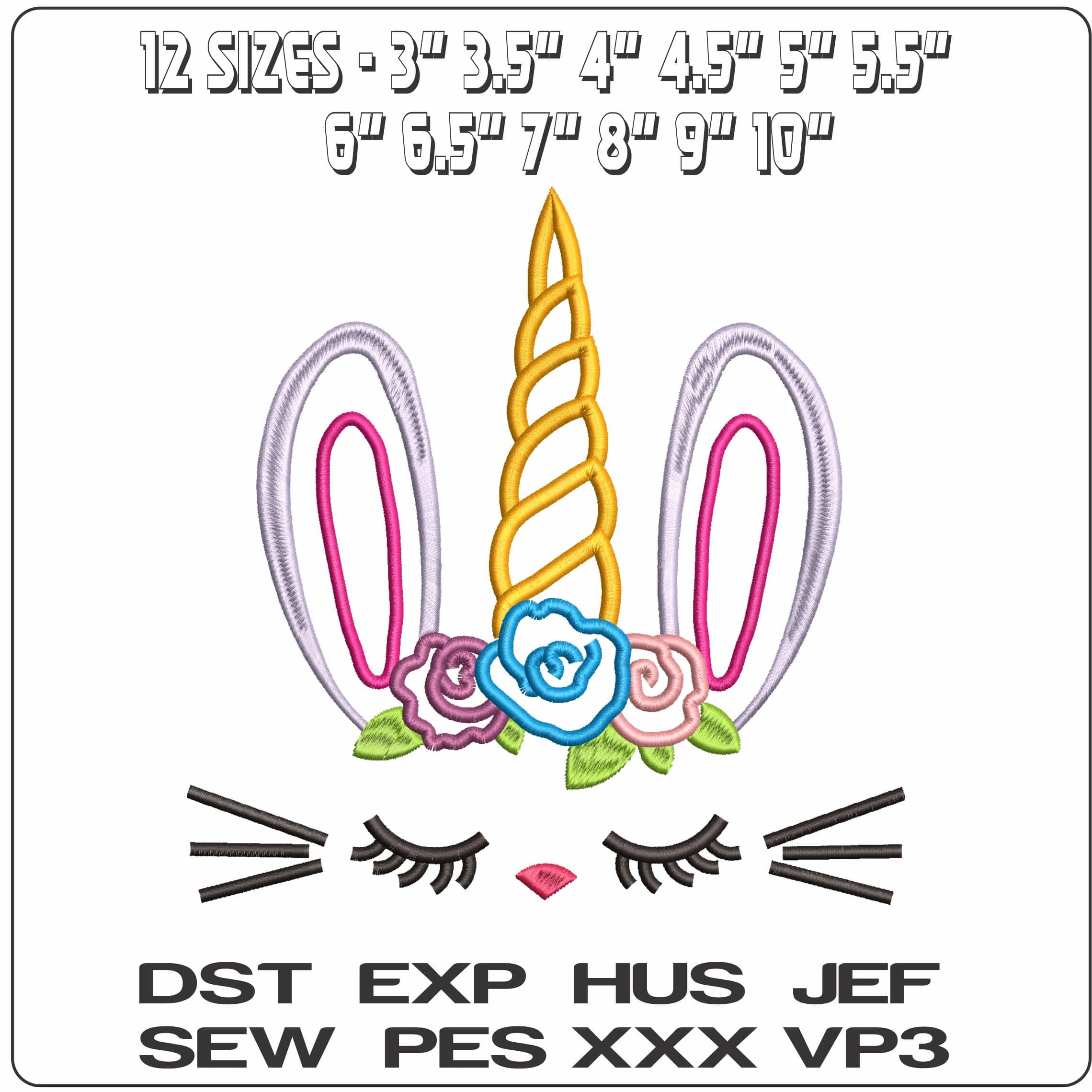 Unicorn Bunny Face- Elegant embroidery design file - instant download — view 2