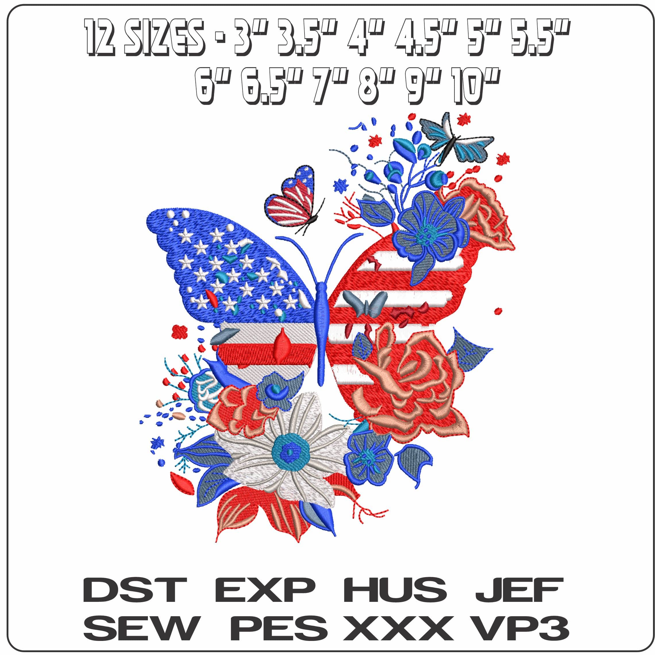 USA Butterflies and Flowers- Elegant embroidery design file - instant download — view 2