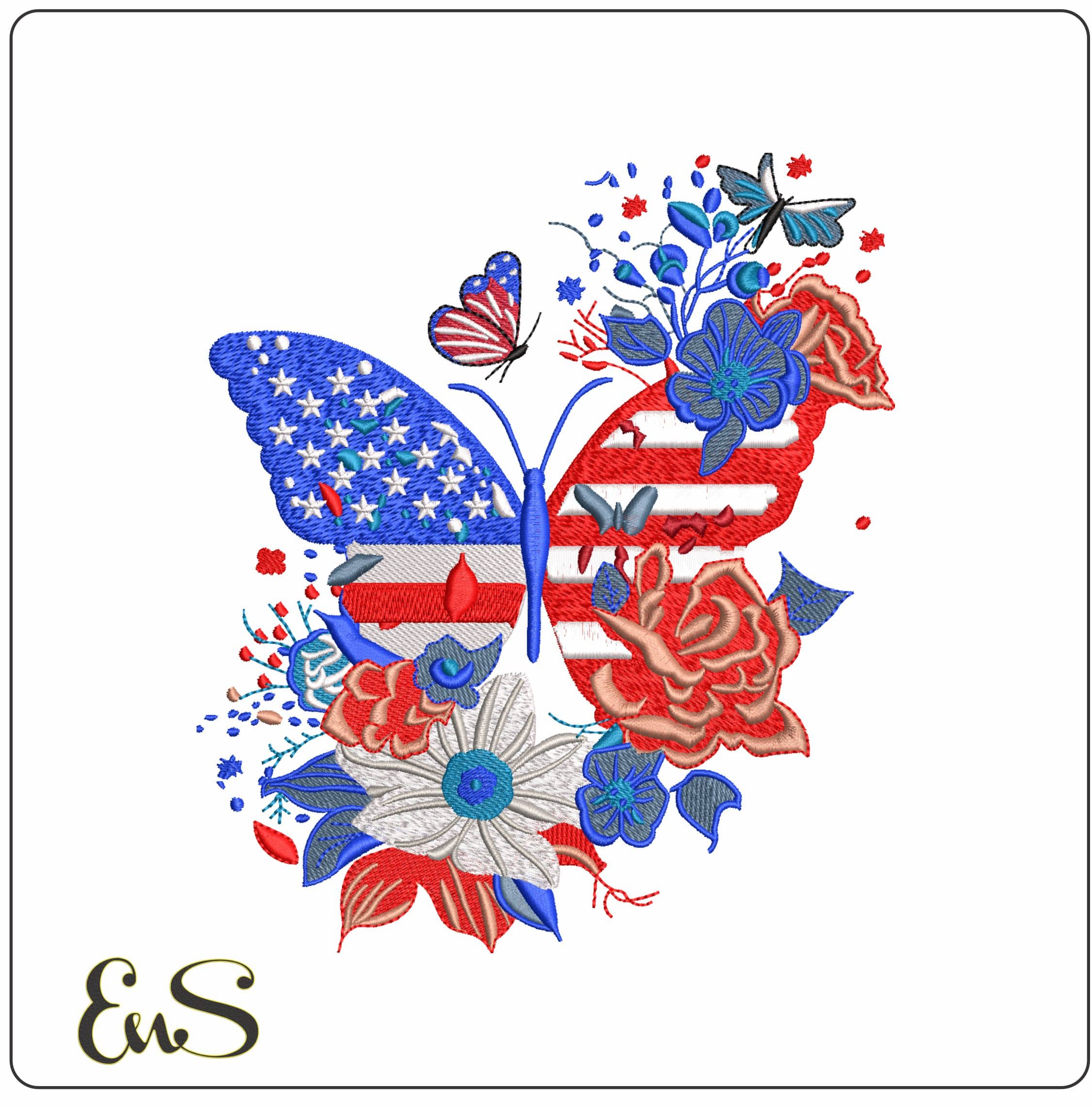 USA Butterflies and Flowers- Elegant embroidery design file - instant download