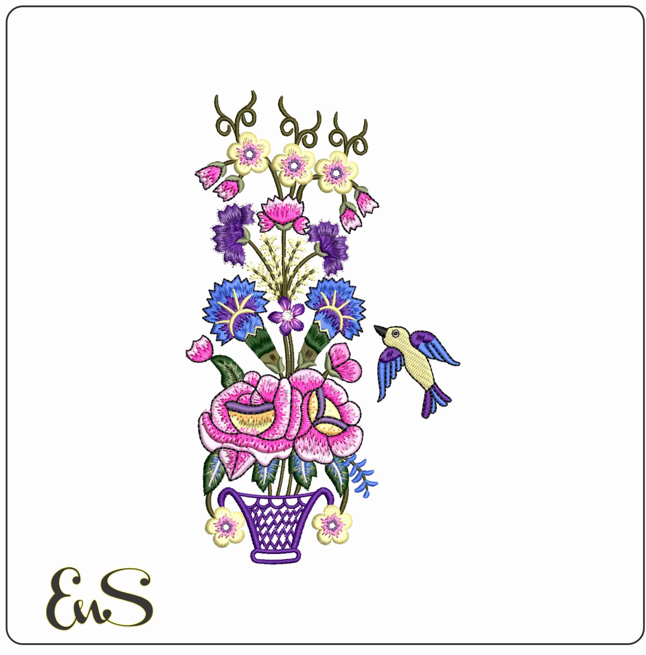 Vase with Mexican Flowers- Elegant embroidery design file - instant download