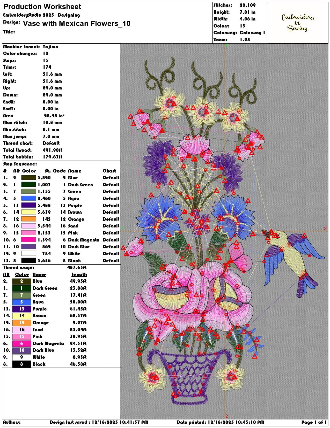 Vase with Mexican Flowers- Elegant embroidery design file - instant download — view 3