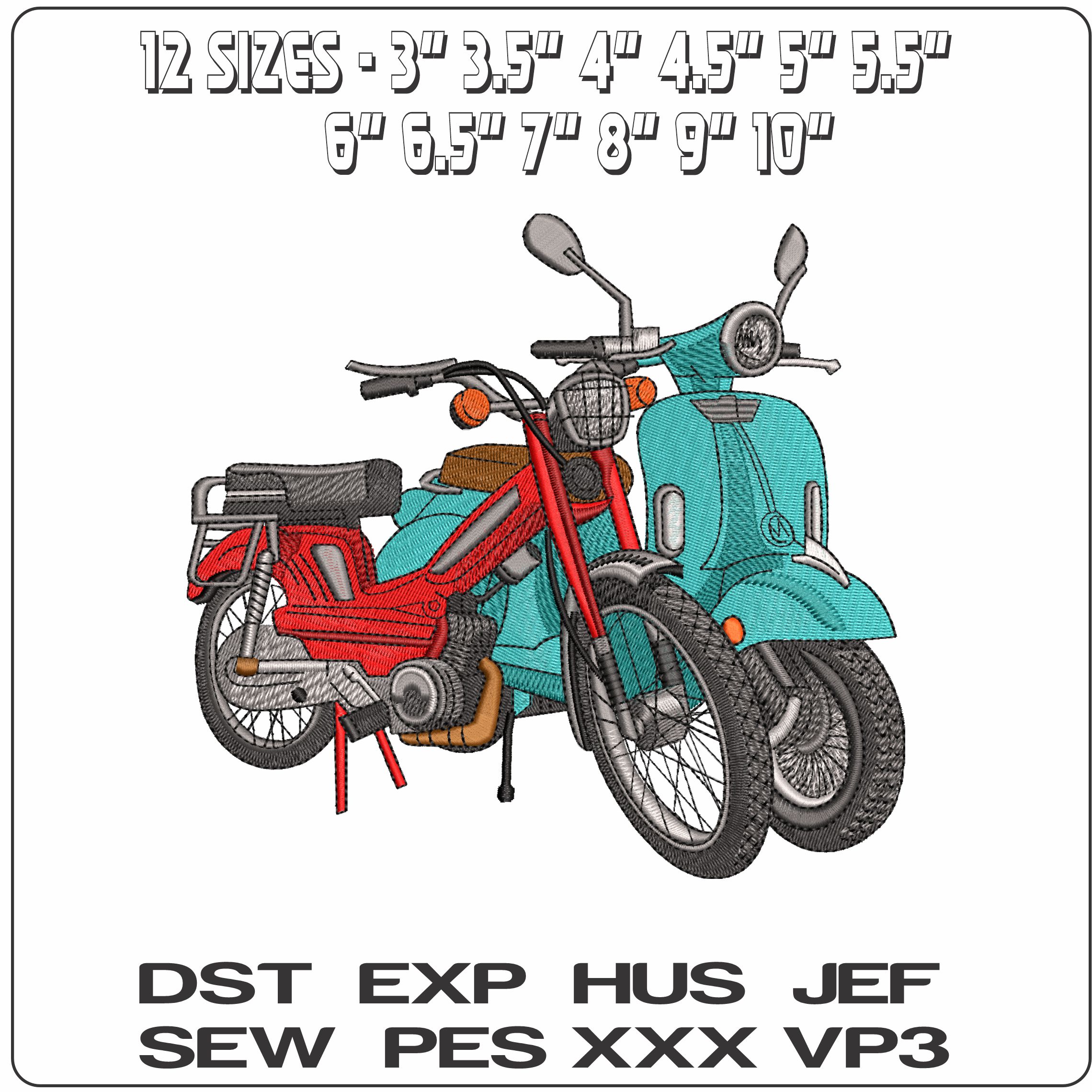 Vespa Scooter and Pedal bike- Elegant embroidery design file - instant download — view 2