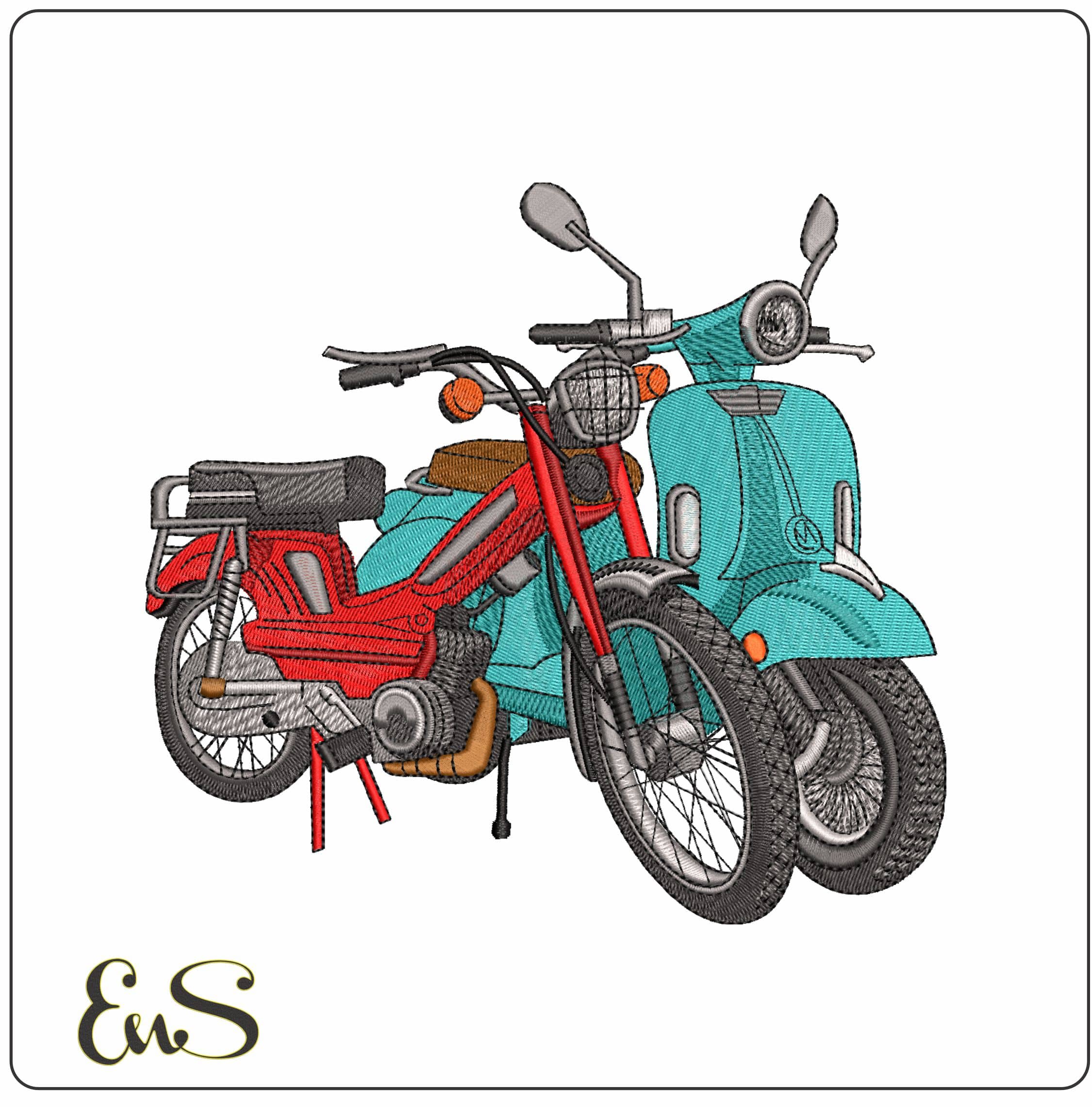 Vespa Scooter and Pedal bike- Elegant embroidery design file - instant download
