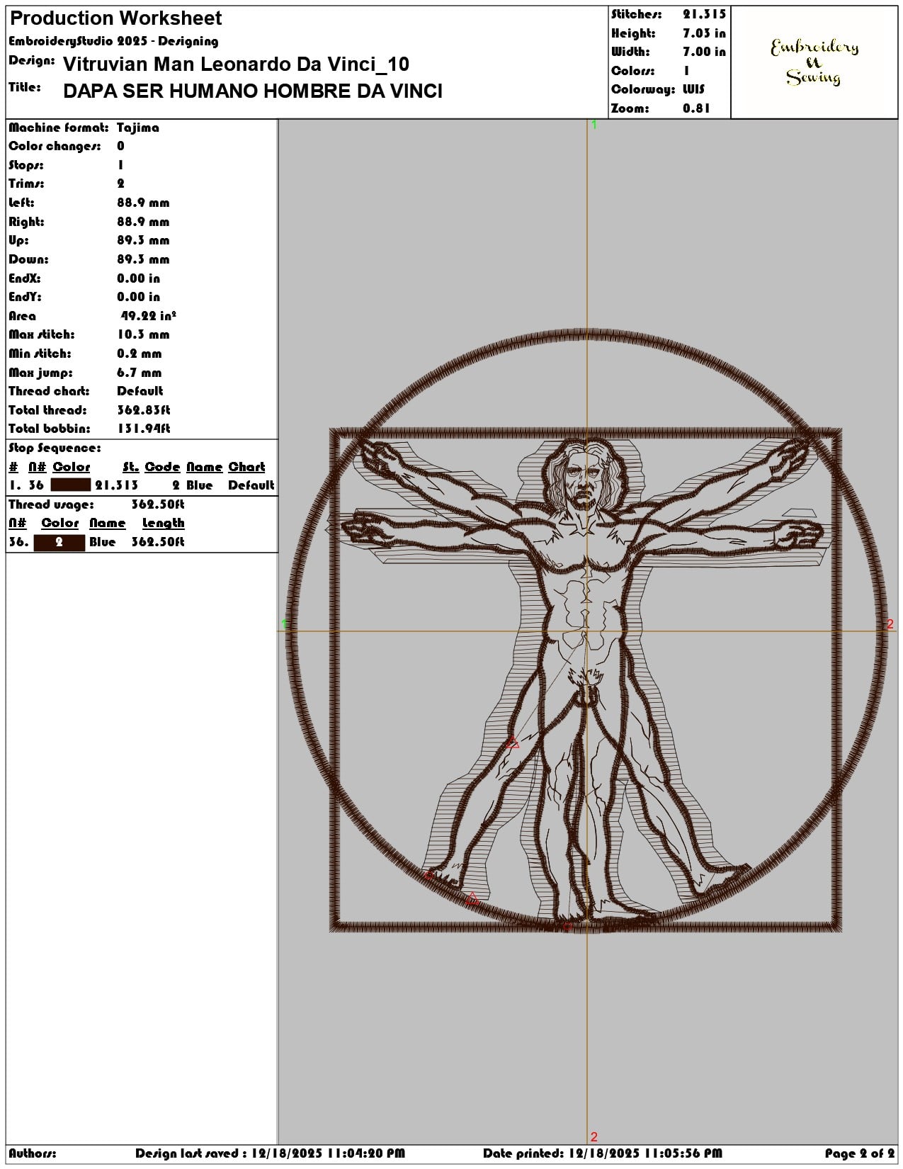 Vitruvian Man Leonardo Da Vinci- Elegant embroidery design file - instant download — view 3