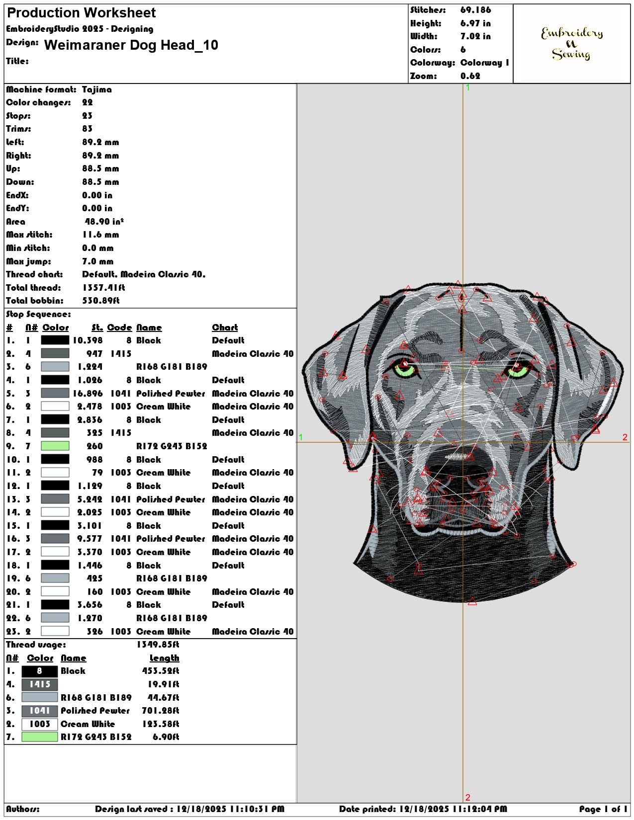 Weimaraner Dog Head- Elegant embroidery design file - instant download — view 3