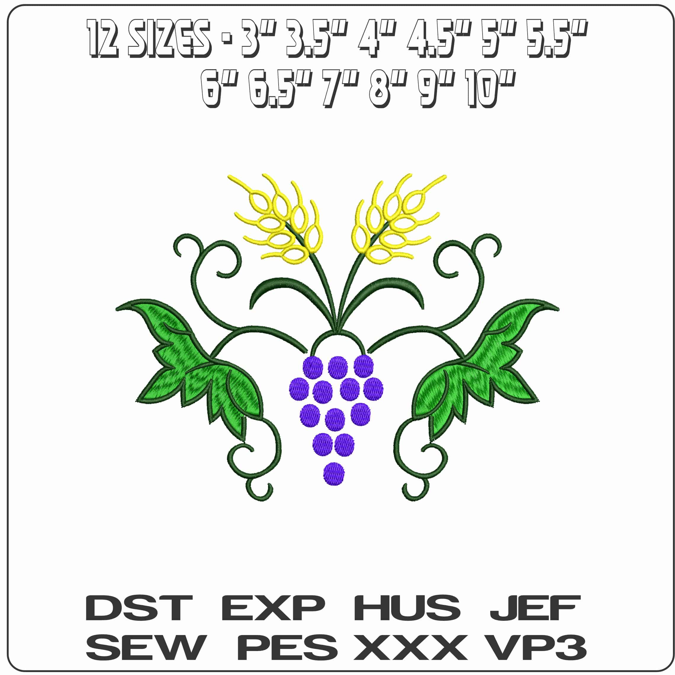 Wheat and Grapes Color- Elegant embroidery design file - instant download — view 2