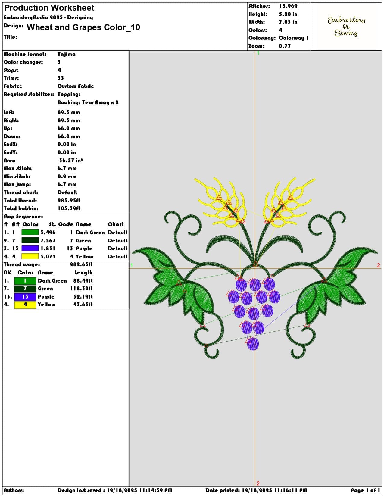 Wheat and Grapes Color- Elegant embroidery design file - instant download — view 3