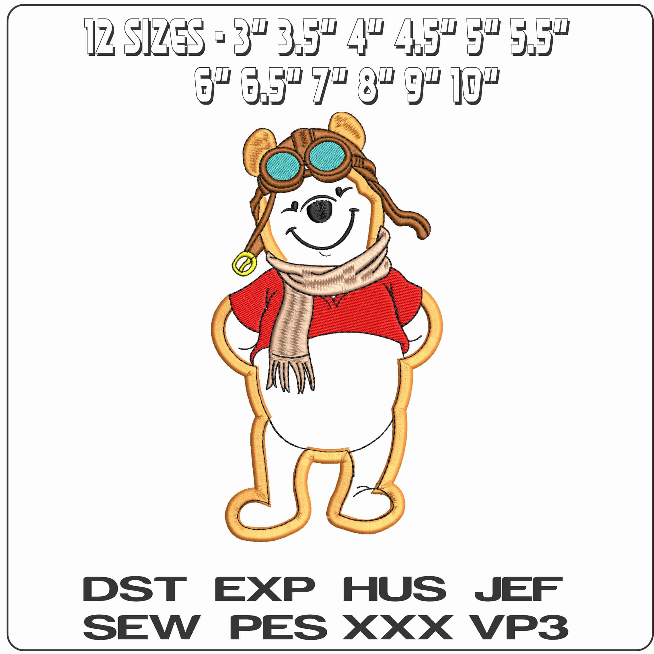 Winnie the Pooh Aviator Applique- Elegant embroidery design file - instant download — view 2