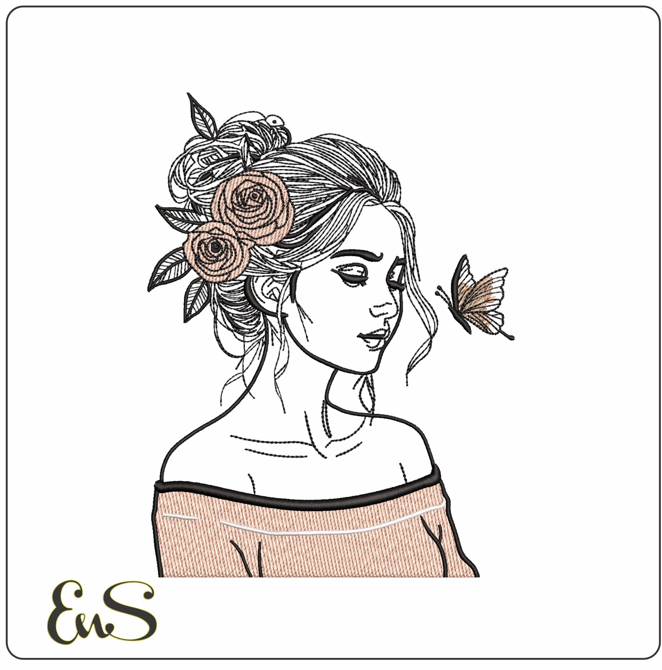 Women with butterfly Lineart- Elegant embroidery design file - instant download