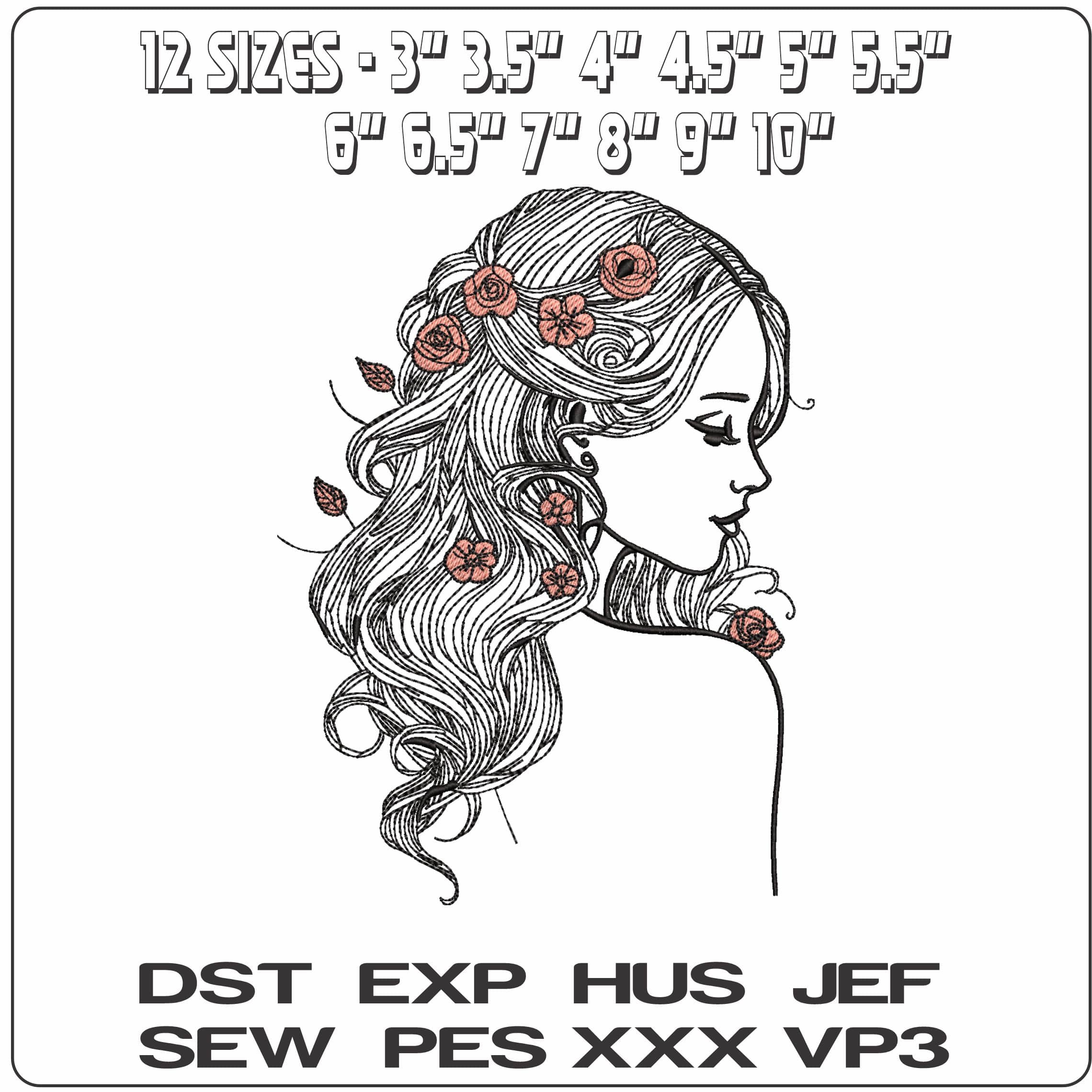 Women with flowers in Hair- Elegant embroidery design file - instant download — view 2
