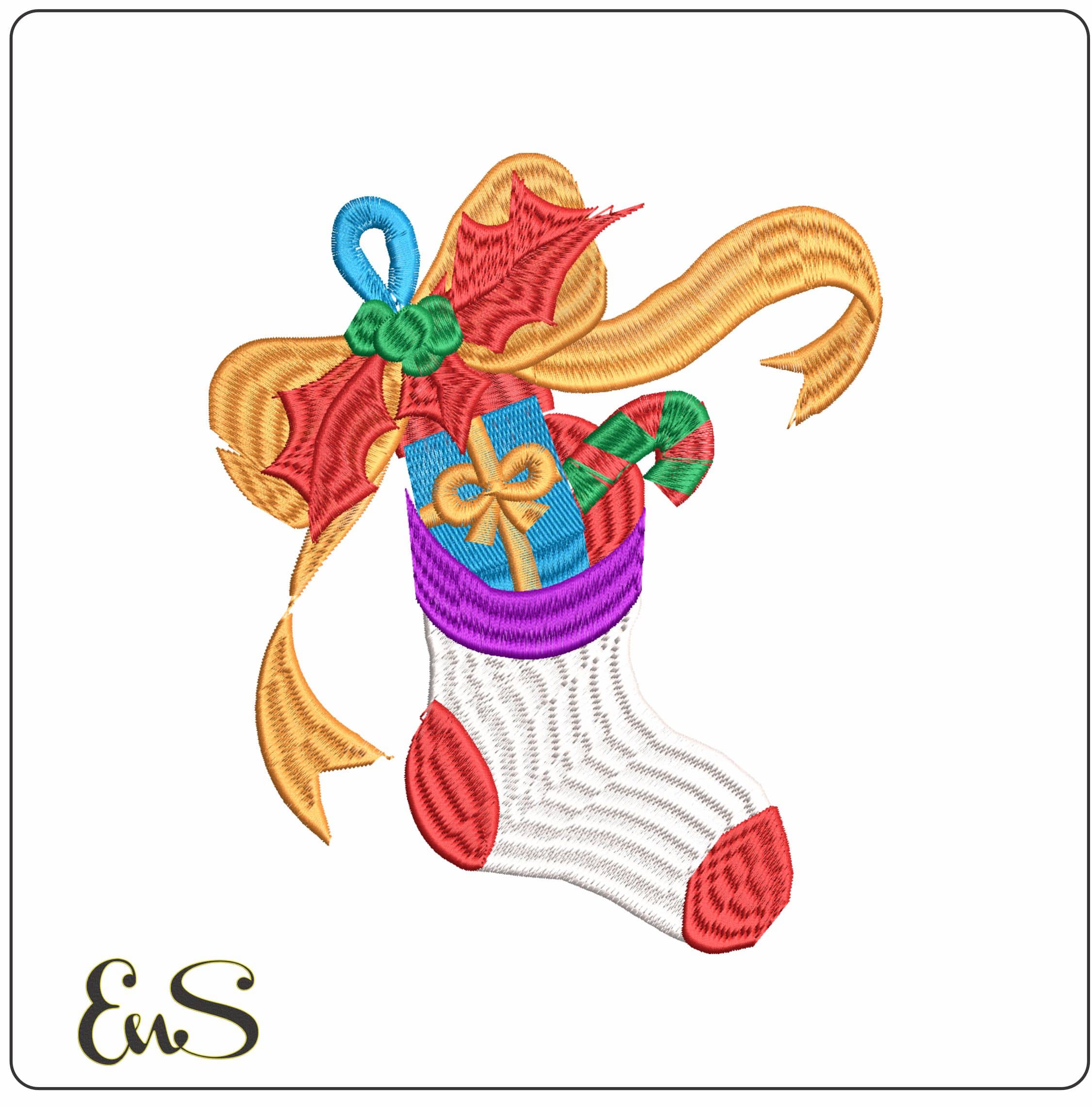 Xmas Stocking with Present- Elegant embroidery design file - instant download