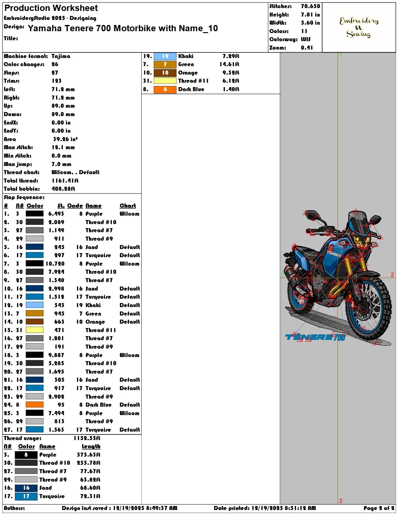 Yamaha Tenere 700 Motorbike with Name- Elegant embroidery design file - instant download — view 3