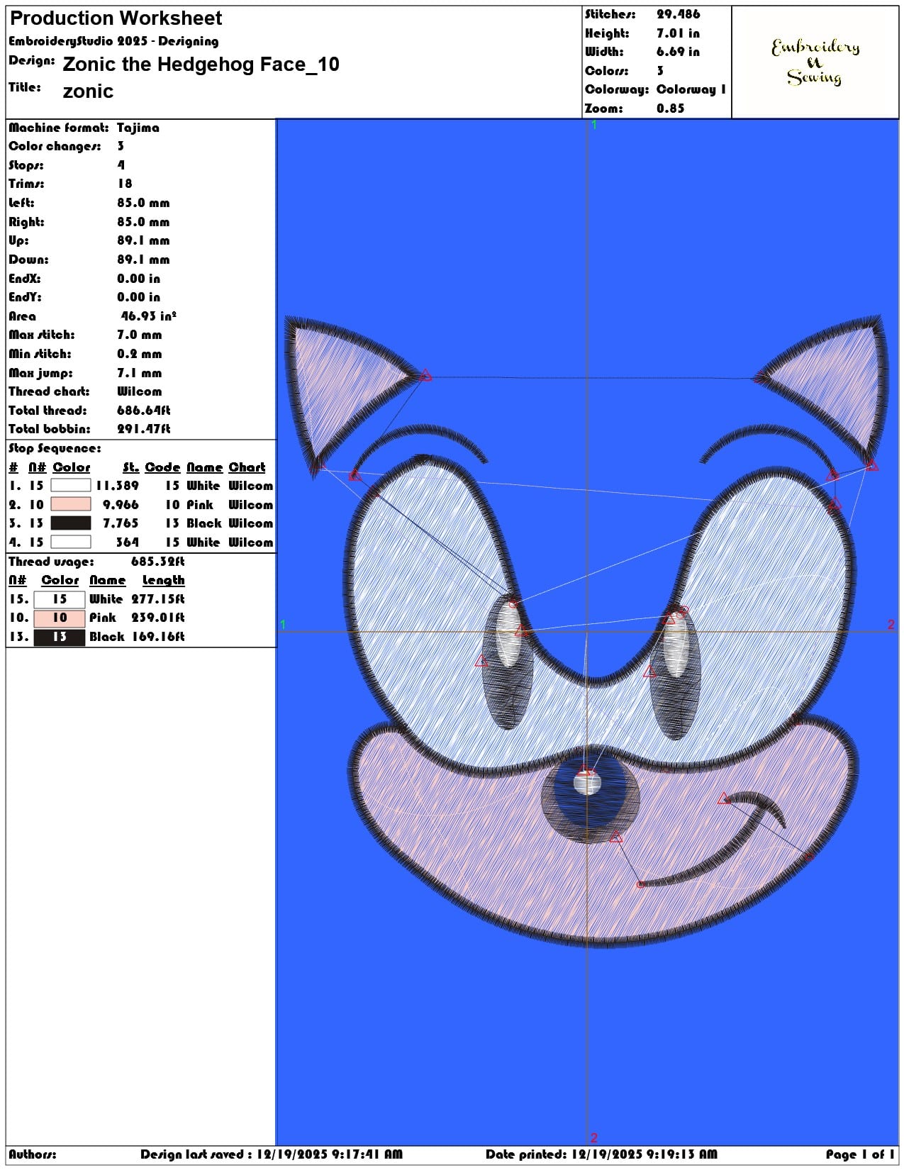 Zonic the Hedgehog Face- Elegant embroidery design file - instant download — view 3