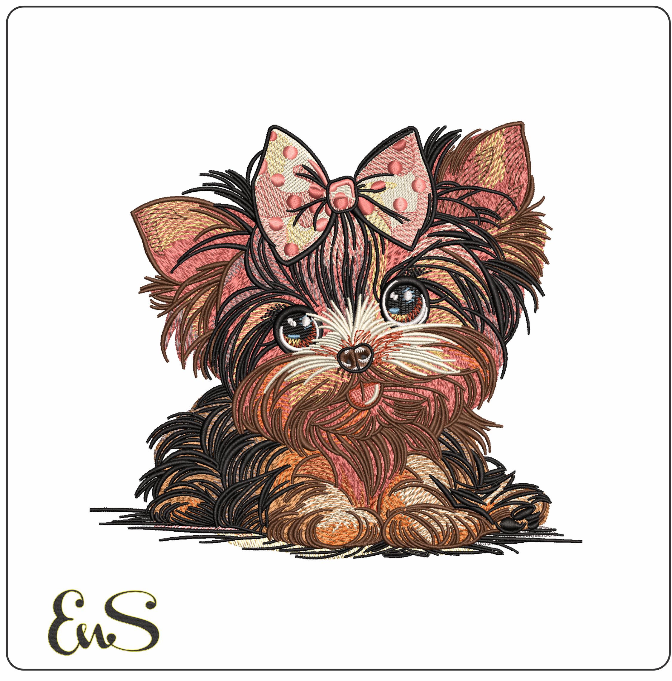 Yorkshire Terrier Puppy with Bow- Elegant embroidery design file - instant download