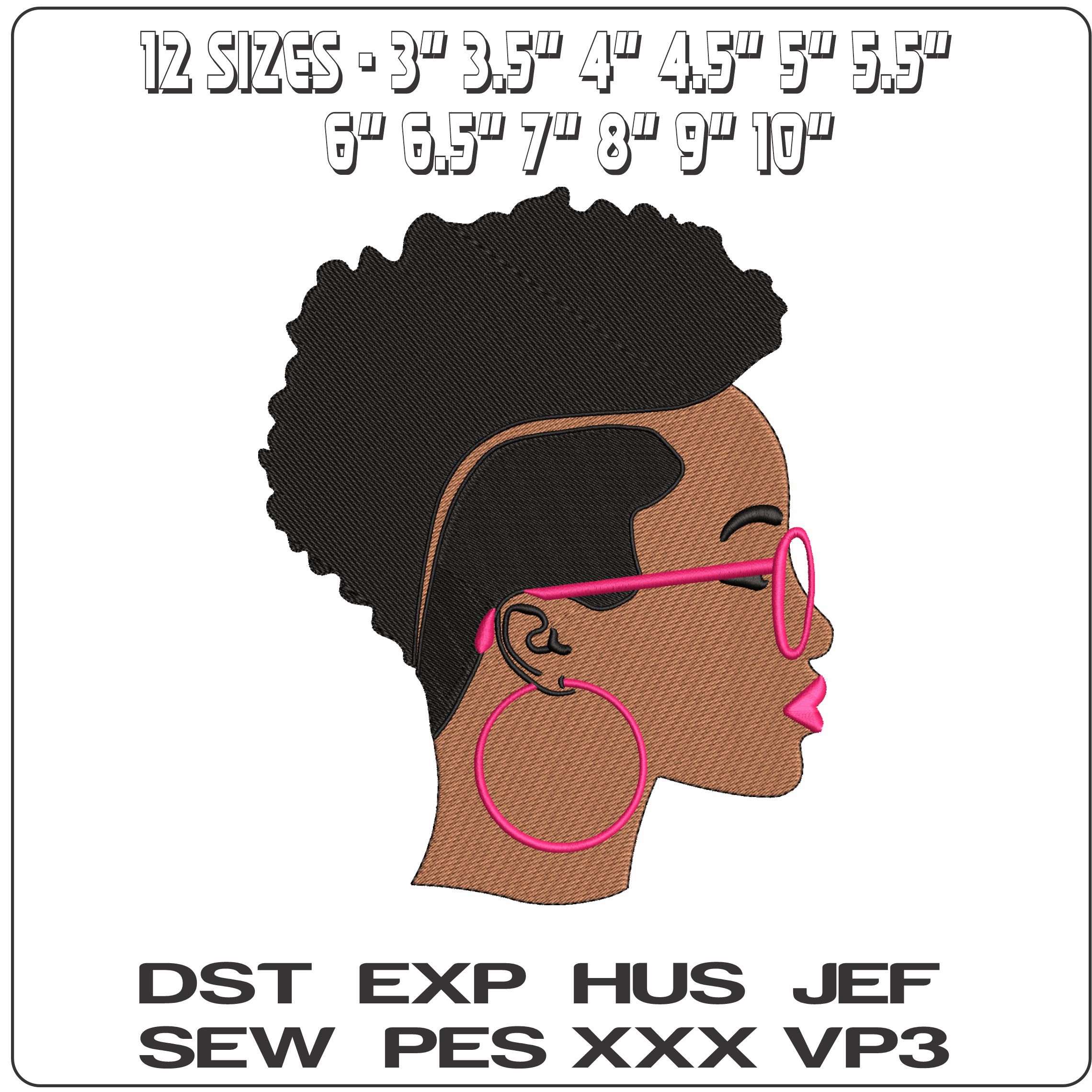 Afro America Lady Face Pink Glasses- Elegant embroidery design file - instant download — view 2