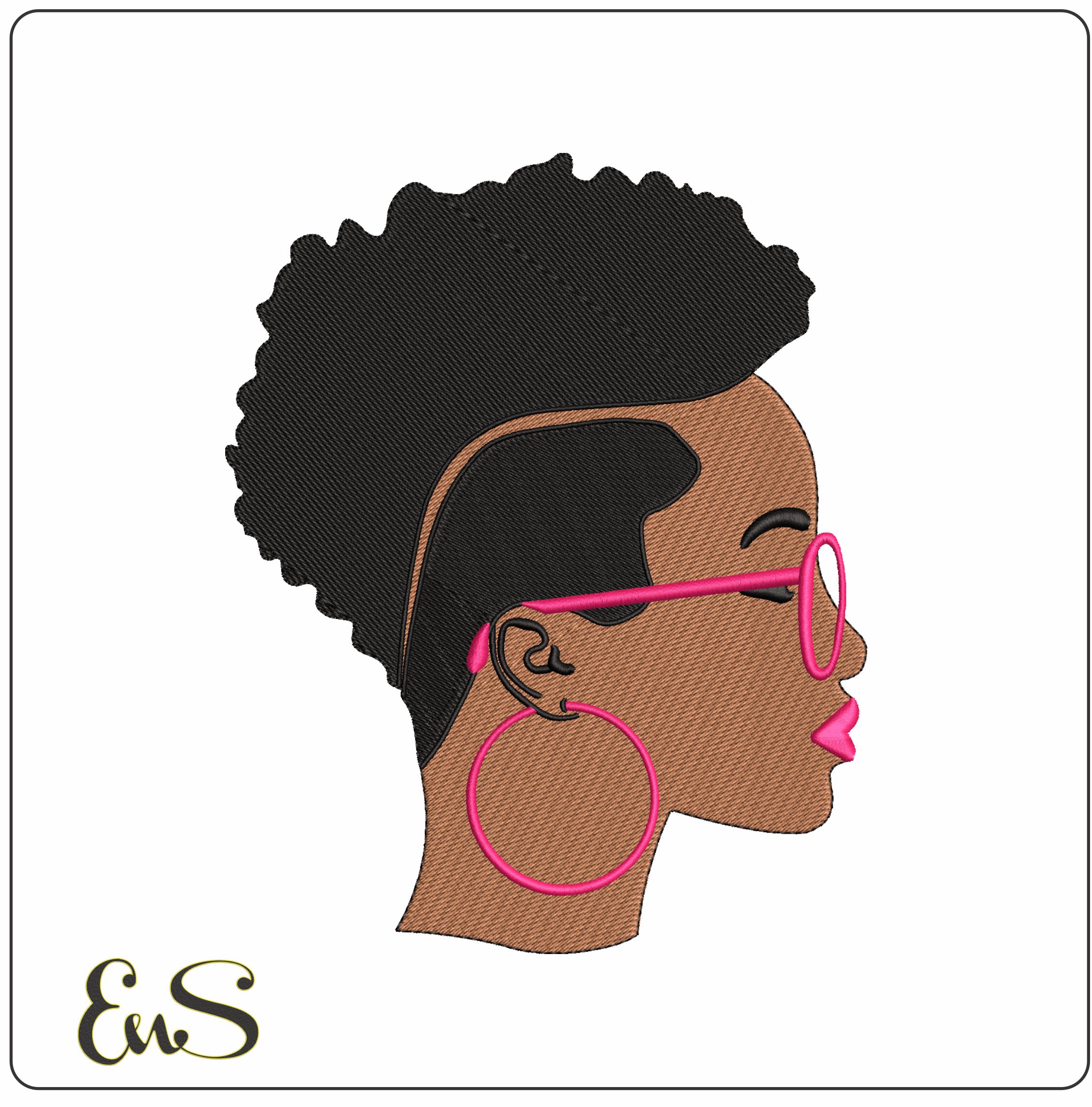 Afro America Lady Face Pink Glasses- Elegant embroidery design file - instant download