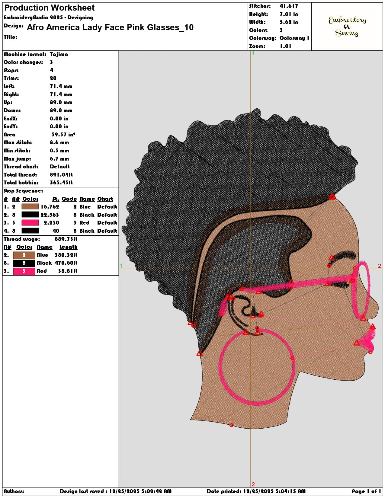 Afro America Lady Face Pink Glasses- Elegant embroidery design file - instant download — view 3