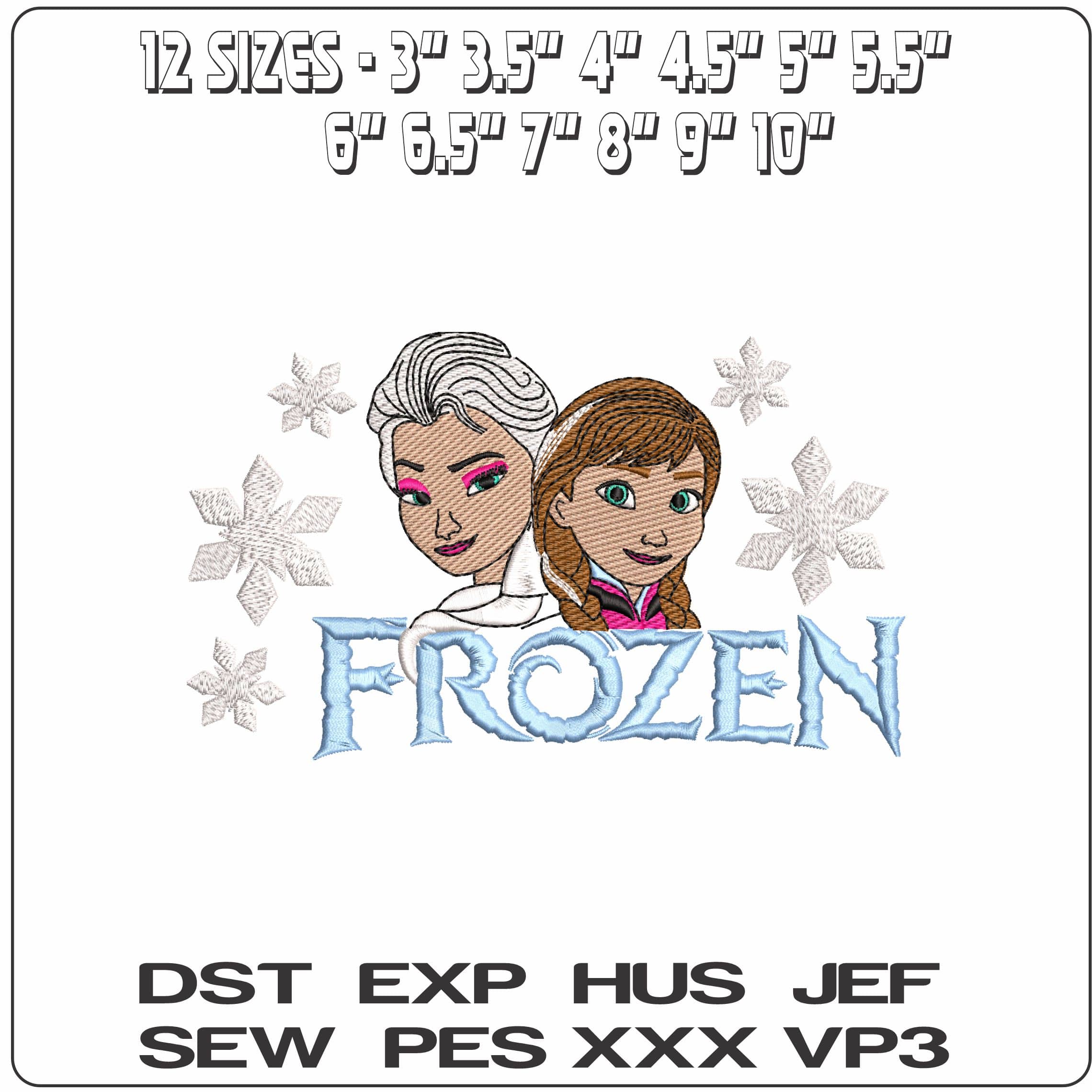 Anna and Elsa Head Snowflakes Frozen Title- Elegant embroidery design file - instant download — view 2