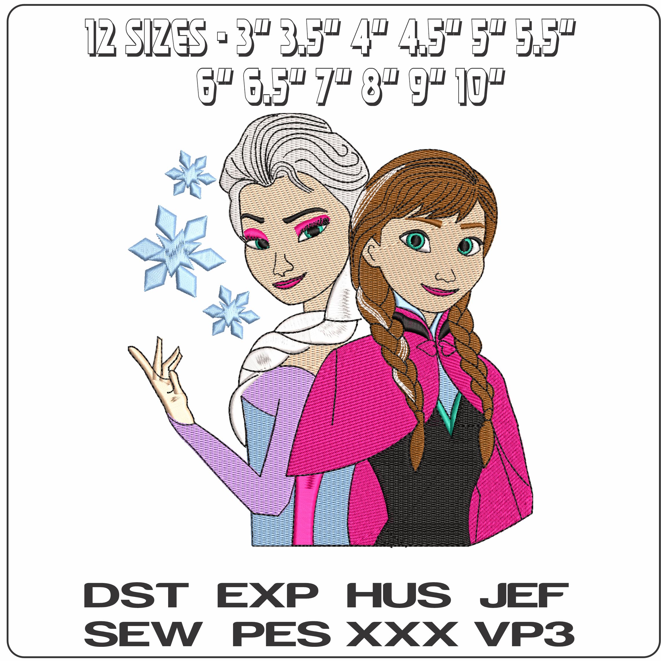 Anna and Elsa Snowflakes Frozen- Elegant embroidery design file - instant download — view 2