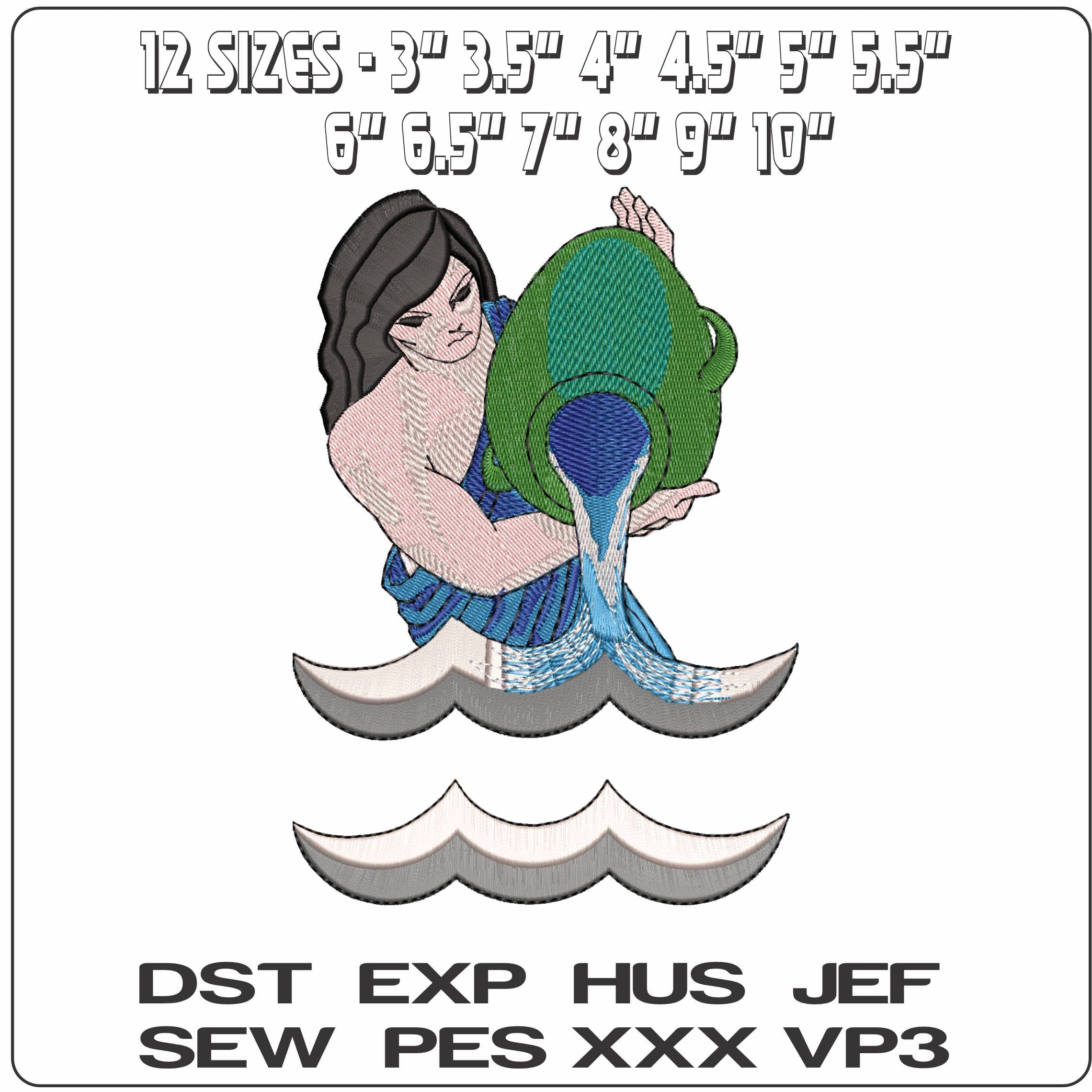 Aquarius Water Bearer and Symbol Zodiac- Elegant embroidery design file - instant download — view 2