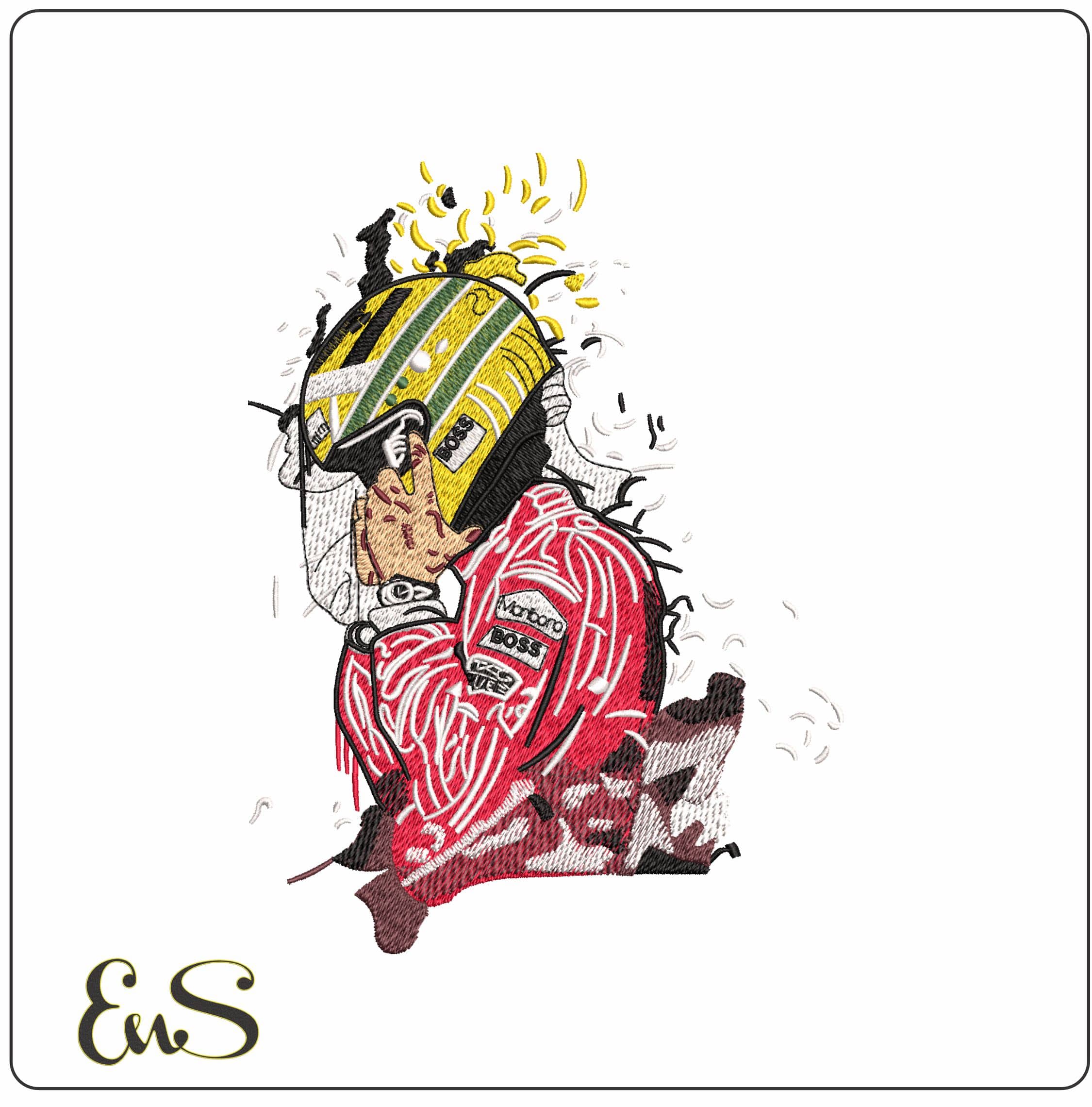 Aryton Senna Torso with Helmet- Elegant embroidery design file - instant download