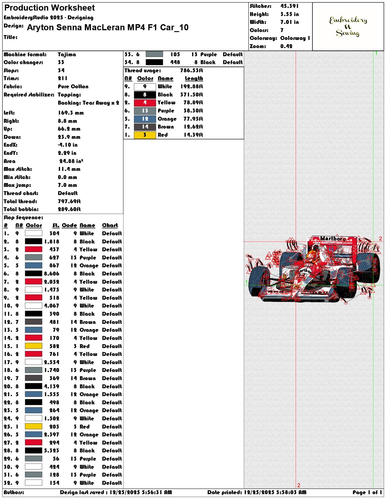 Aryton Senna MacLeran MP4 F1 Car - Elegant embroidery design file - instant download — view 3