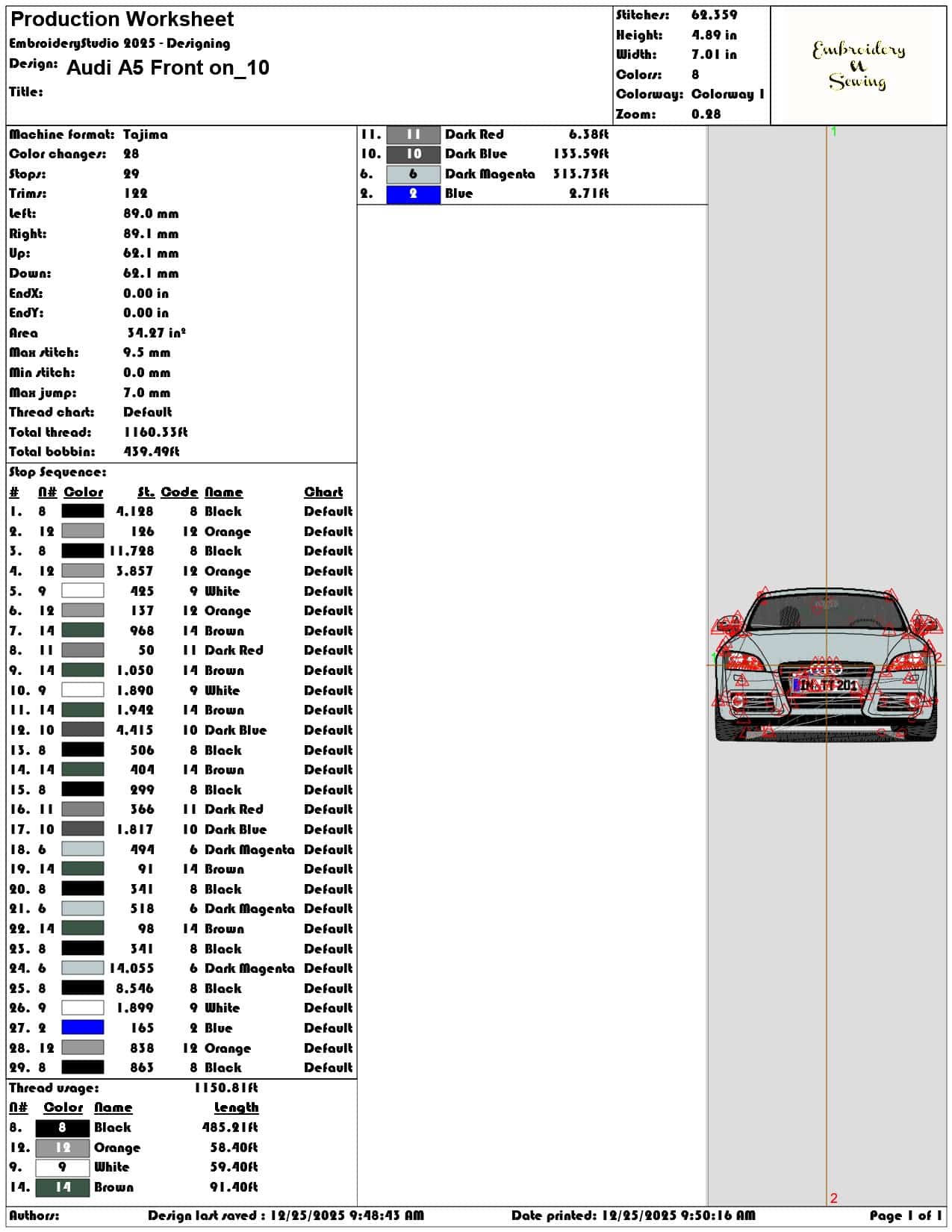 Audi A5 Front on - Elegant embroidery design file - instant download — view 3
