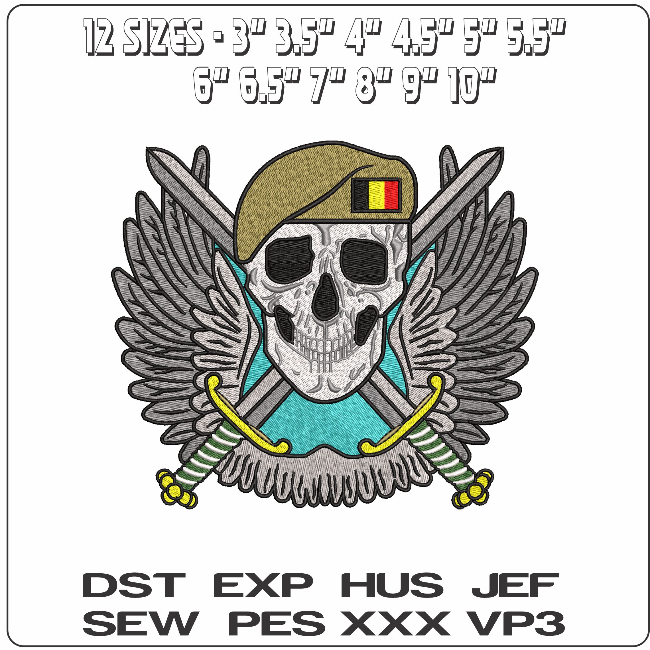 Belgium Veterans Skull Wings and Crossed Swords - Elegant embroidery design file - instant download — view 2