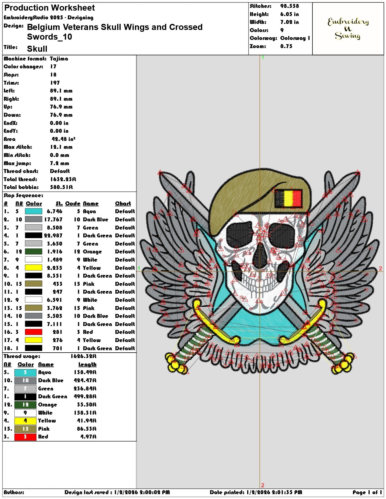 Belgium Veterans Skull Wings and Crossed Swords - Elegant embroidery design file - instant download — view 3