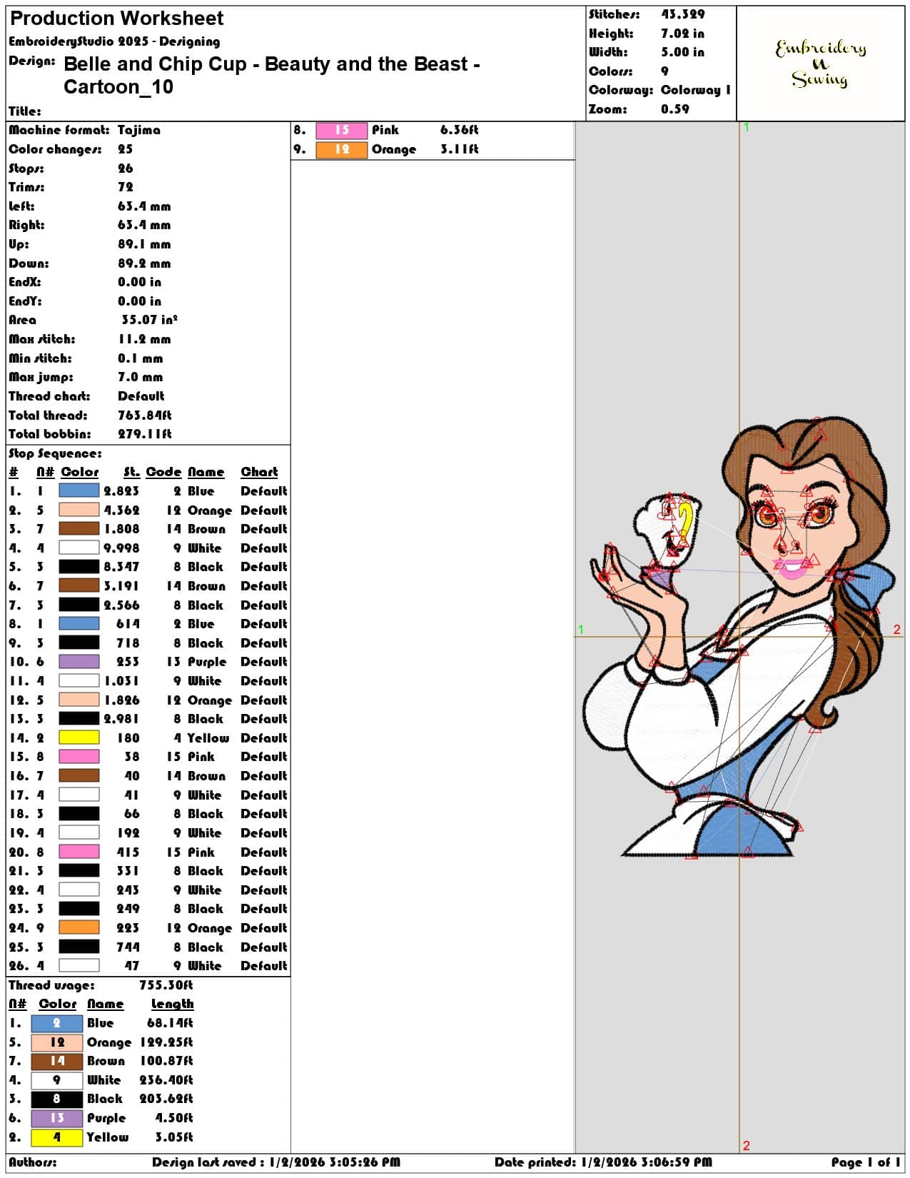 Belle and Chip Cup Beauty and the Beast Cartoon - Elegant embroidery design file - instant download — view 3