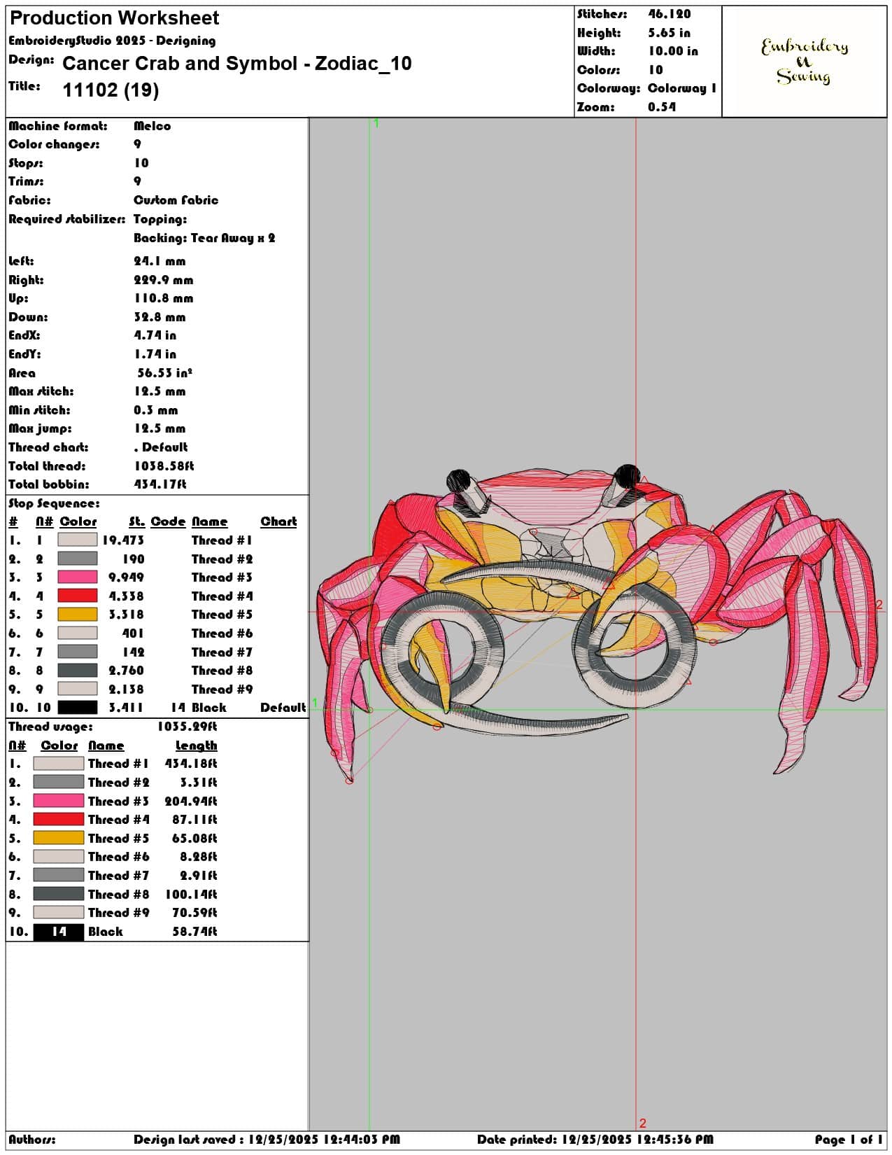 Cancer Crab and Symbol Zodiac - Elegant embroidery design file - instant download — view 3