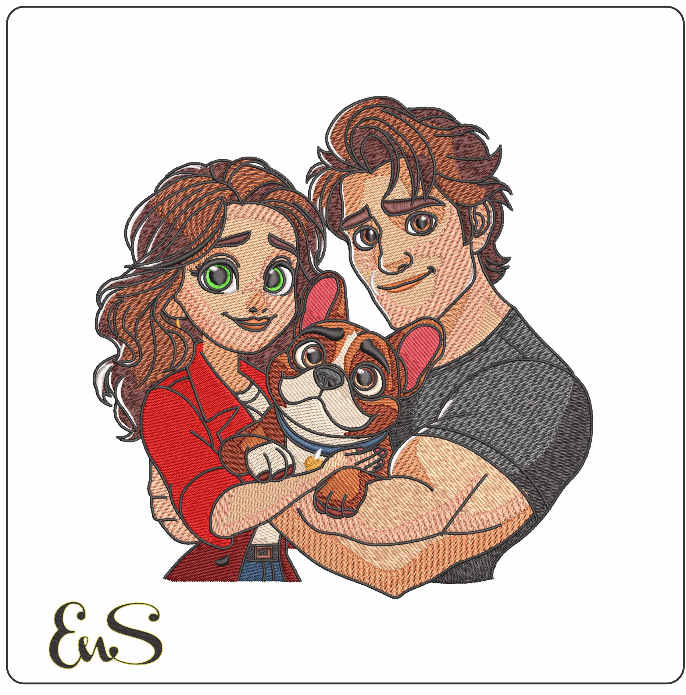 Cute Cartoon Couple Cuddling Dog - Elegant embroidery design file - instant download
