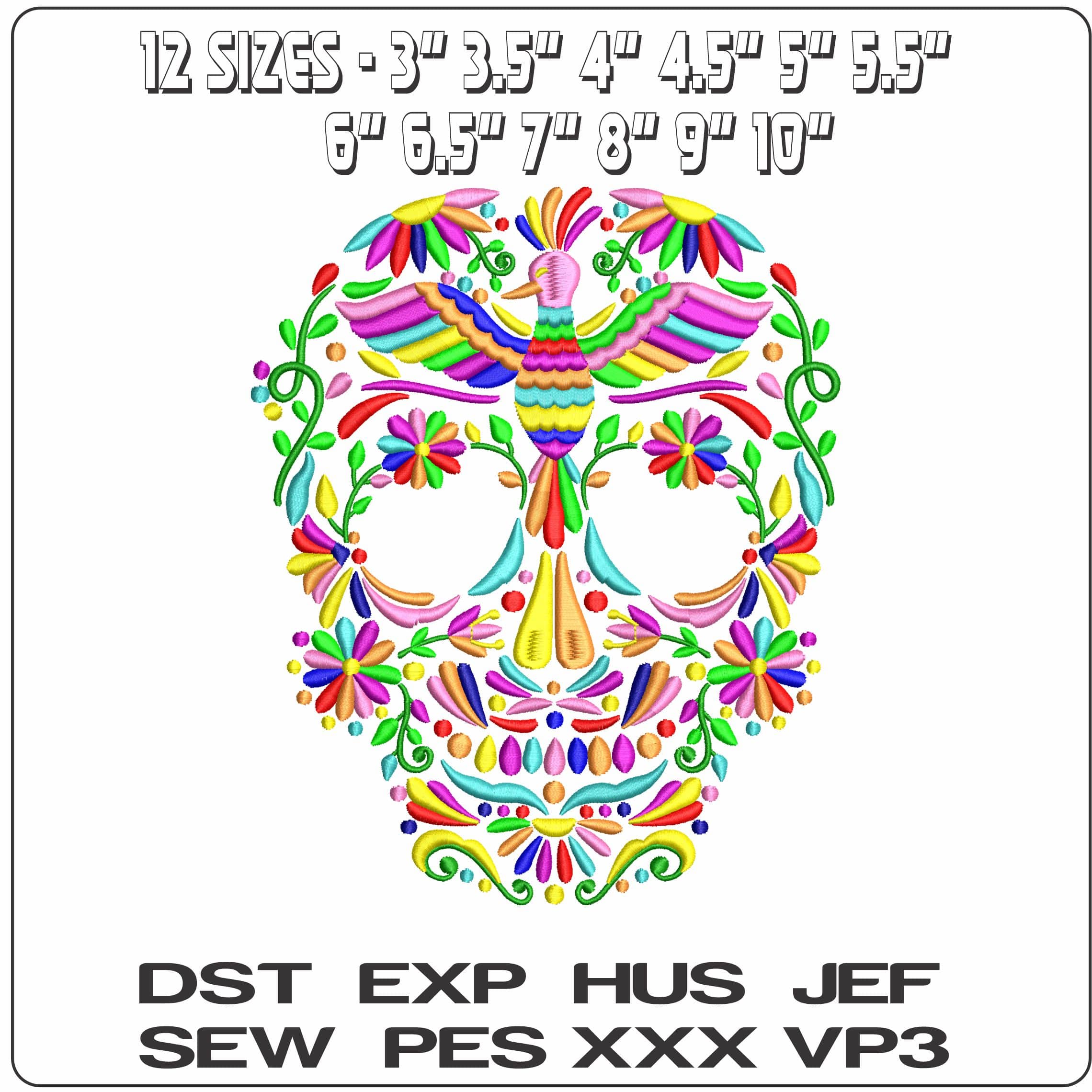 Day of the Dead Sugar Skull Bird and Flowers no Background - Elegant embroidery design file - instant download — view 2