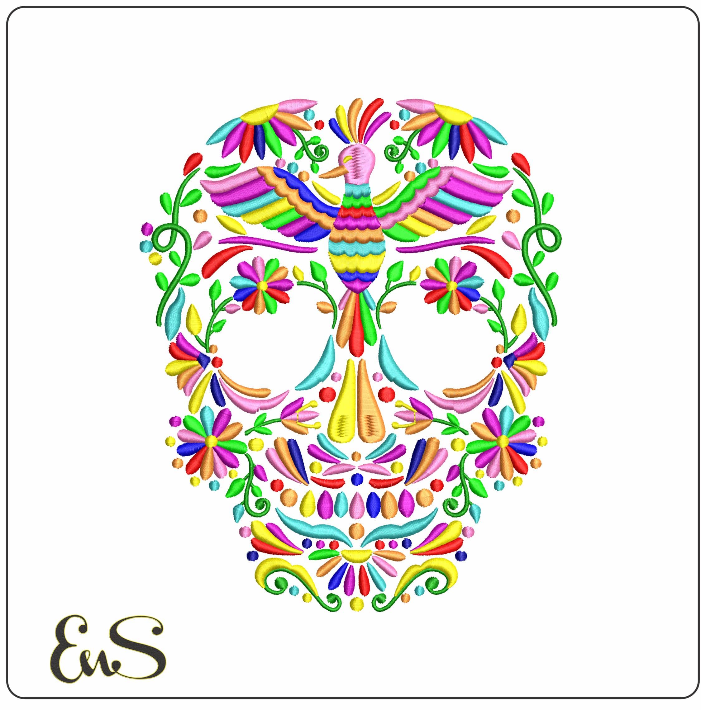 Day of the Dead Sugar Skull Bird and Flowers no Background - Elegant embroidery design file - instant download