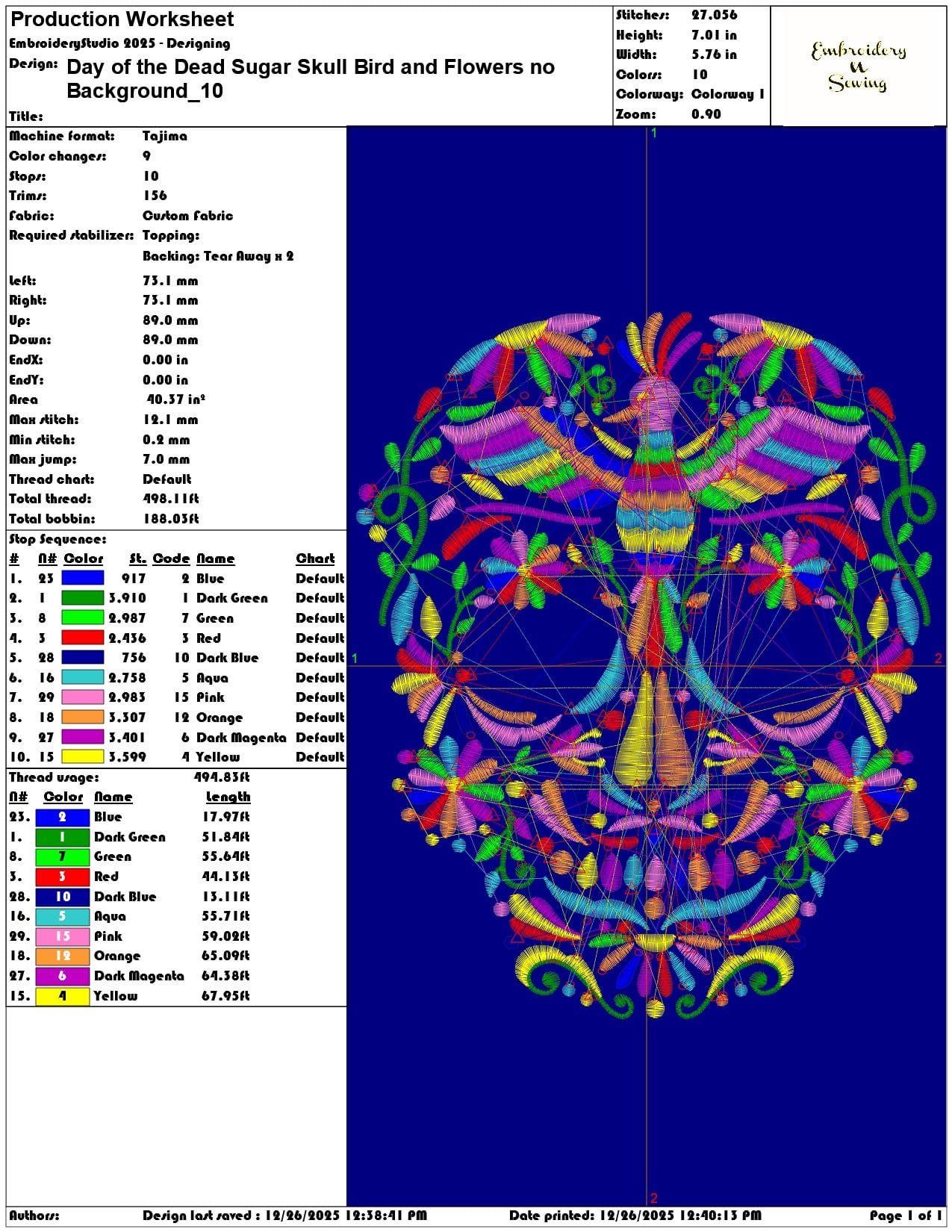 Day of the Dead Sugar Skull Bird and Flowers no Background - Elegant embroidery design file - instant download — view 3