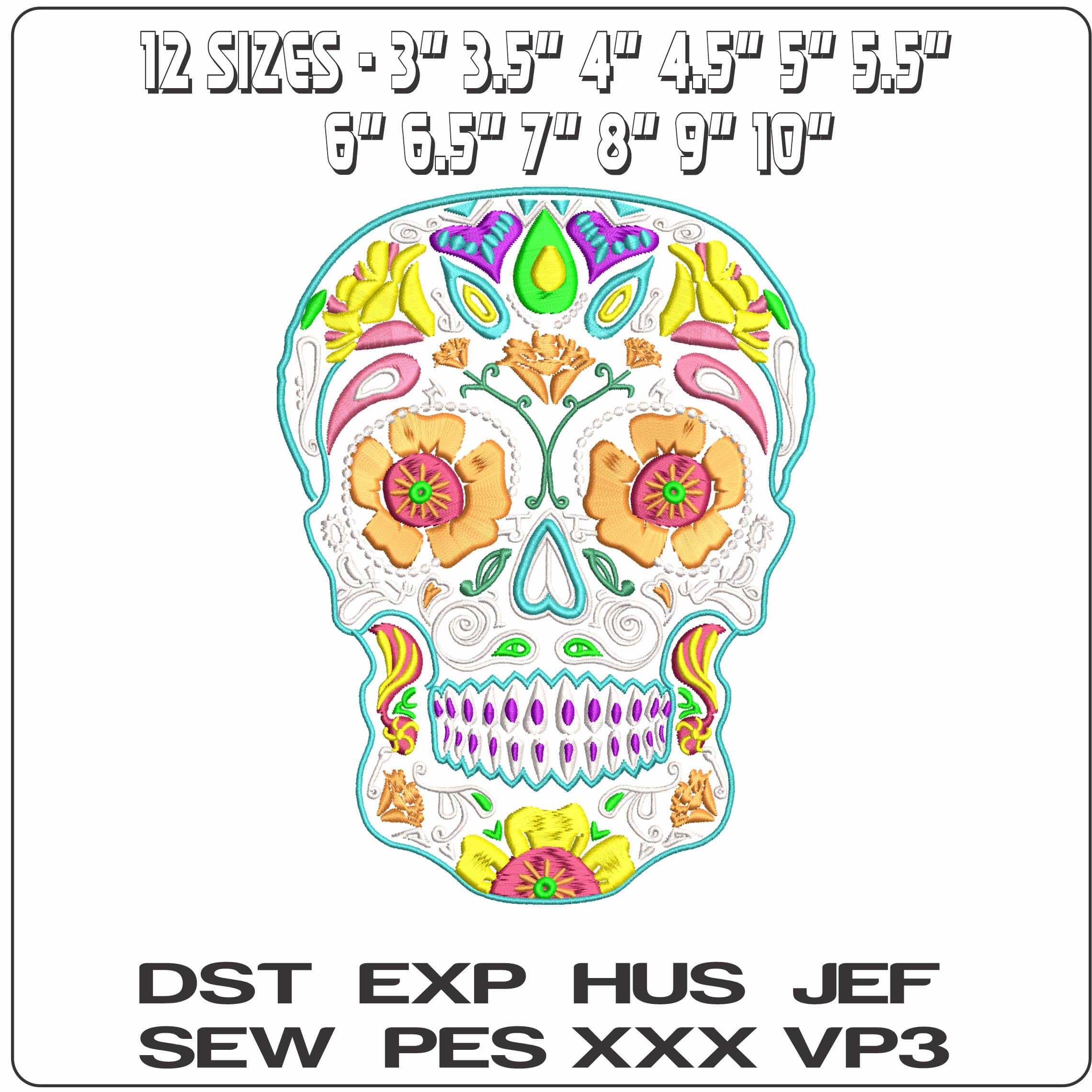 Day of the Dead Sugar Skull no Background - Elegant embroidery design file - instant download — view 2