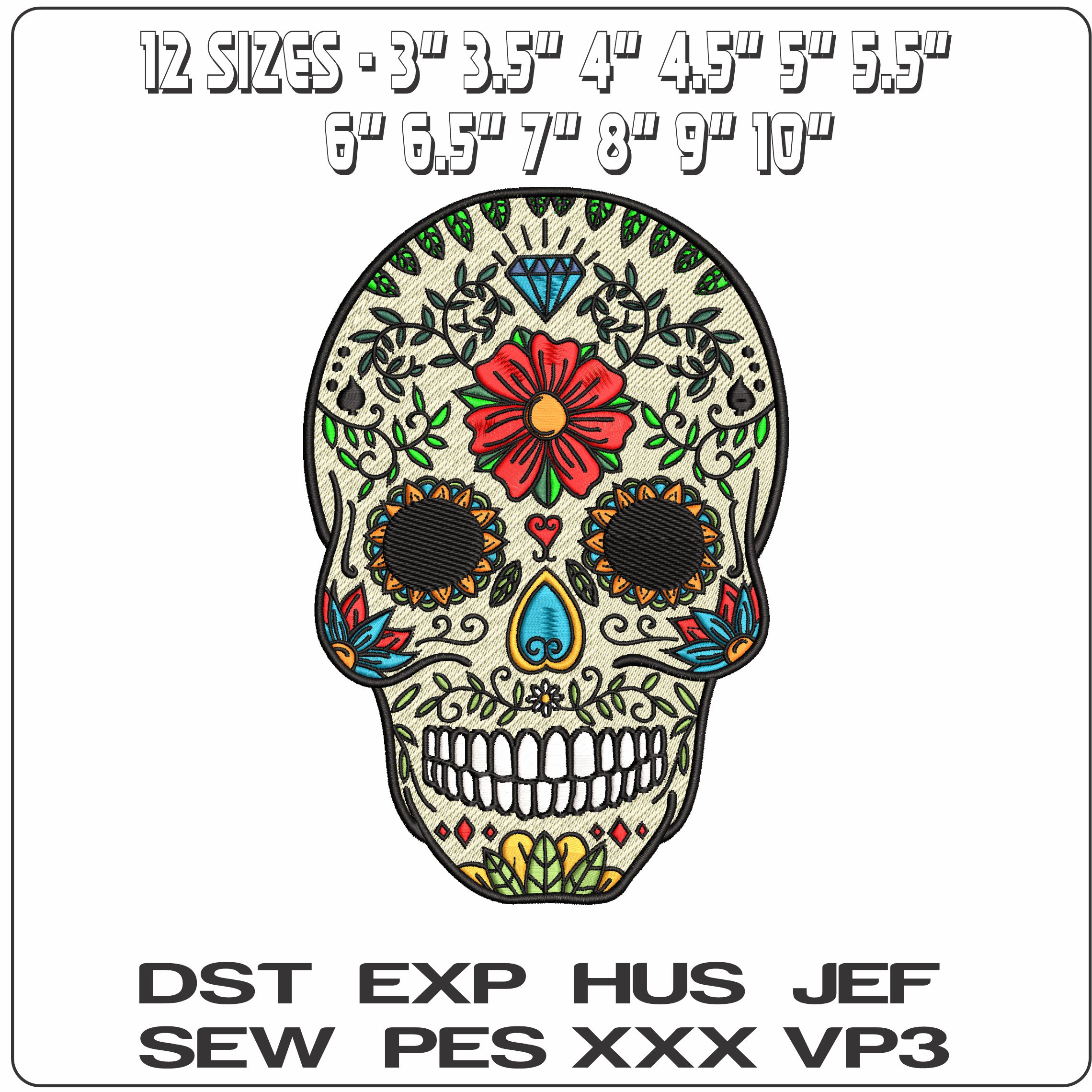 Day of the Dead Sugar Skull with Diamond - Elegant embroidery design file - instant download — view 2