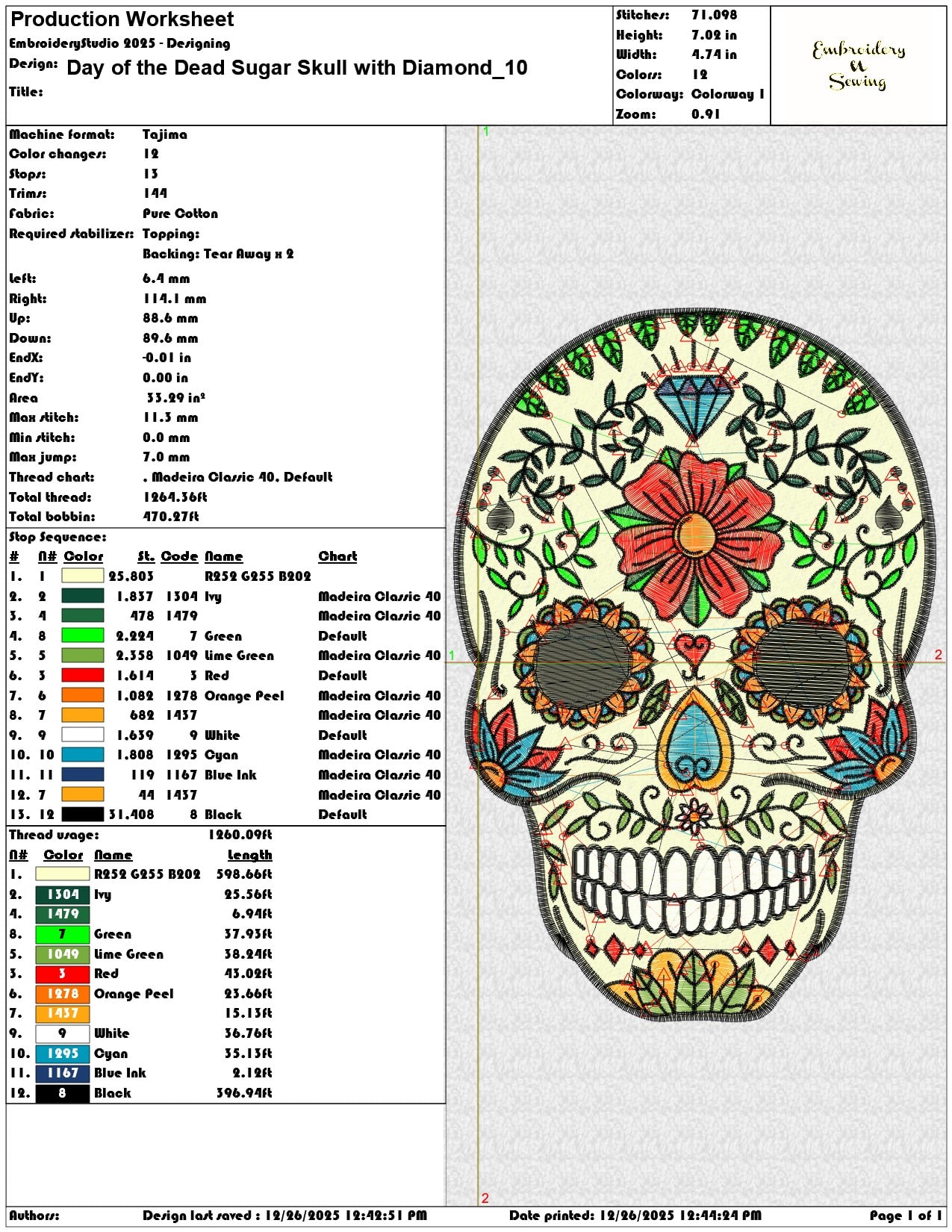 Day of the Dead Sugar Skull with Diamond - Elegant embroidery design file - instant download — view 3