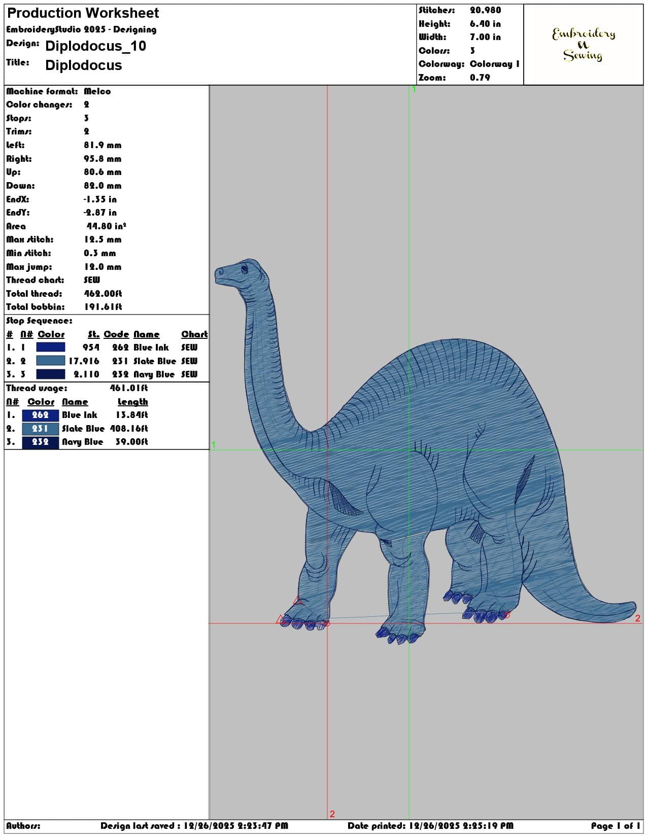 Diplodocus - Elegant embroidery design file - instant download — view 3