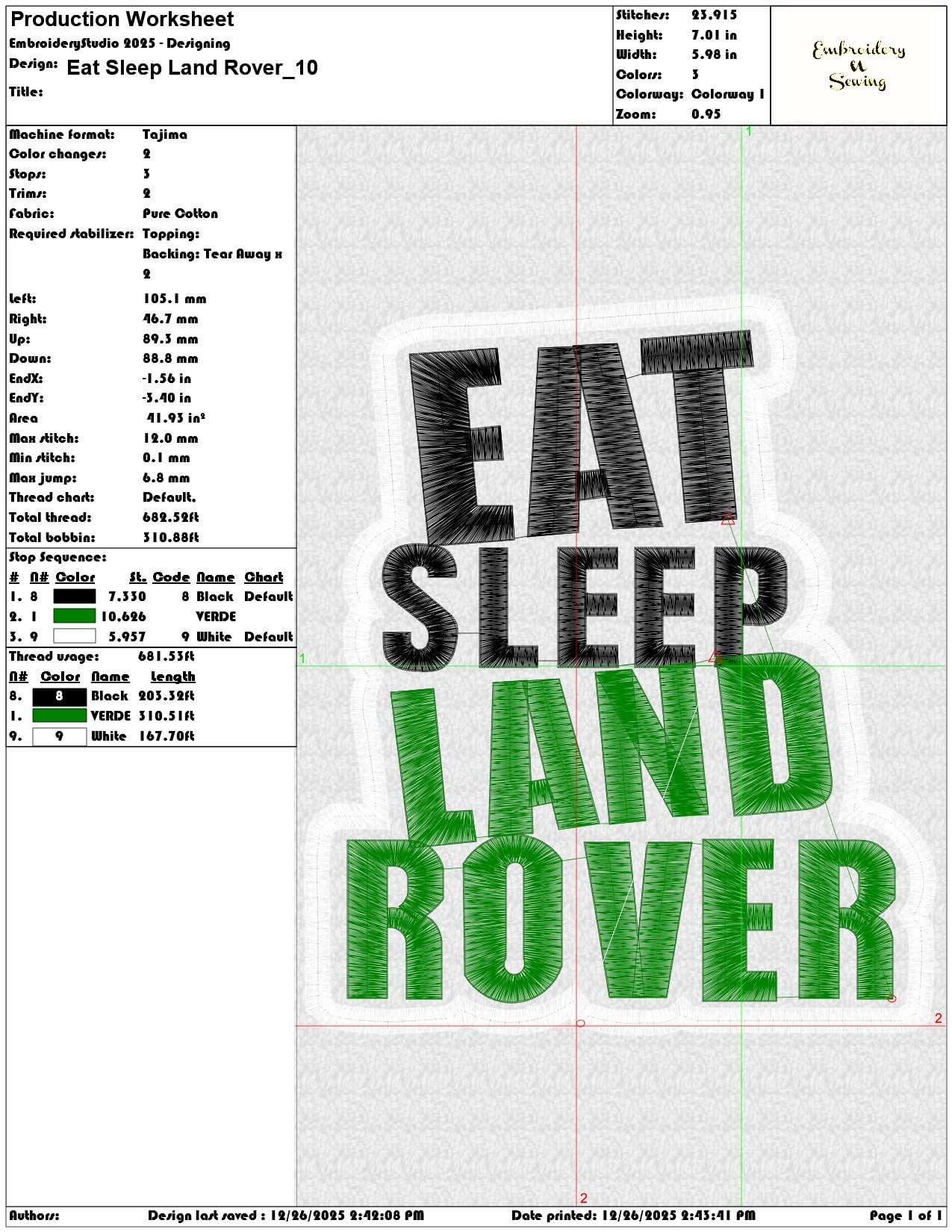Eat Sleep Land Rover - Elegant embroidery design file - instant download — view 3