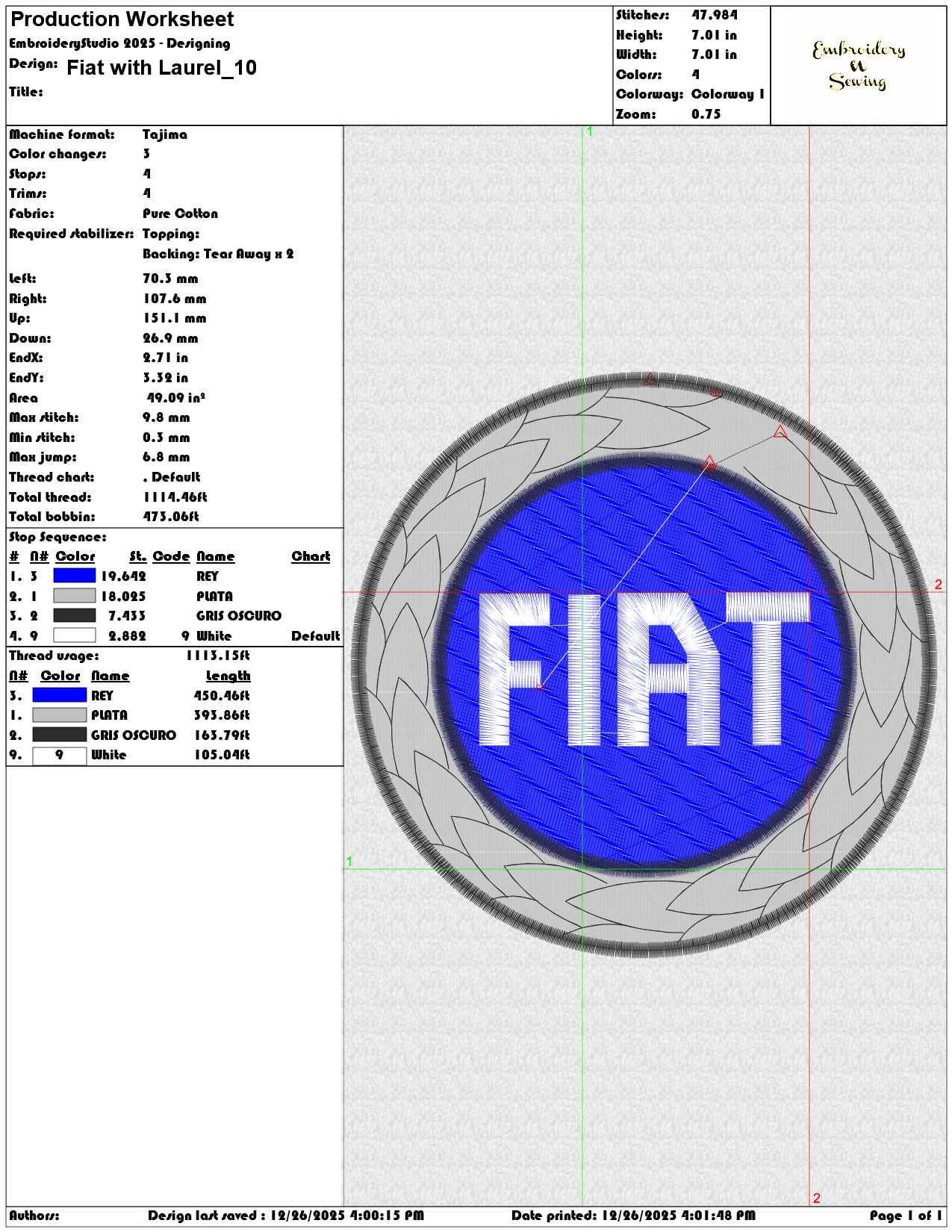 Fiat with Laurel  - Elegant embroidery design file - instant download — view 3