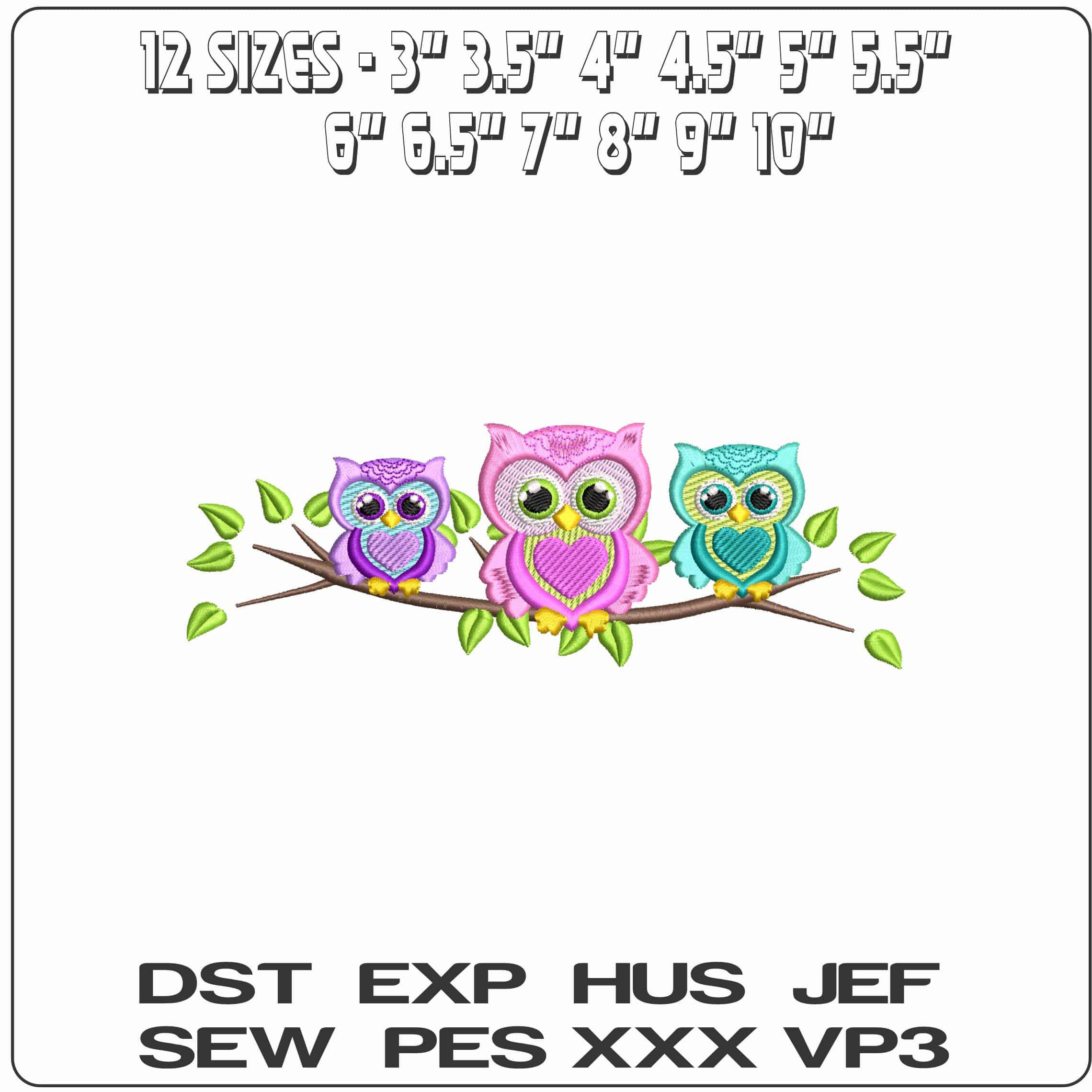 3 Owls on a Branch  - Elegant embroidery design file - instant download — view 2