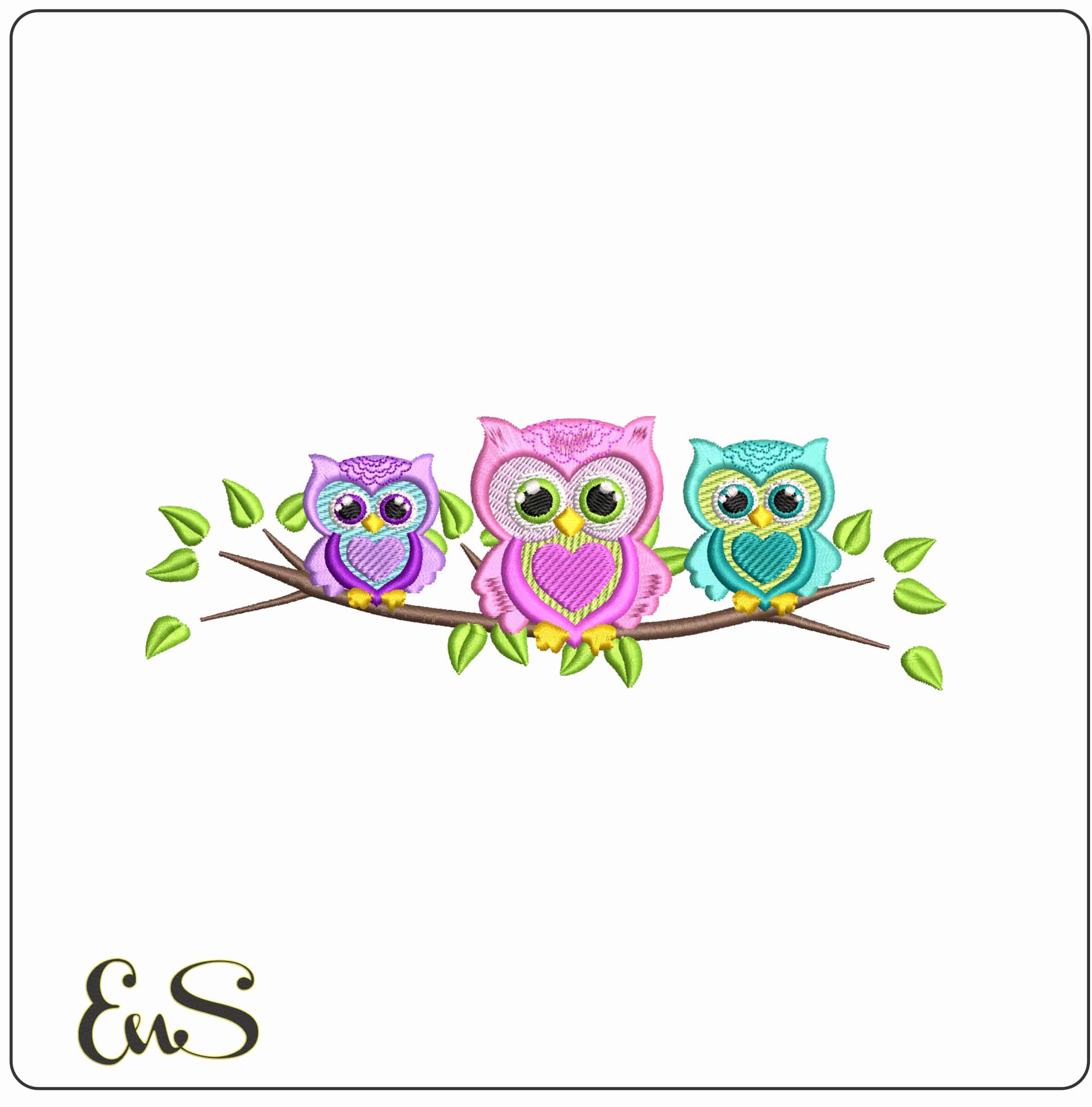 3 Owls on a Branch  - Elegant embroidery design file - instant download