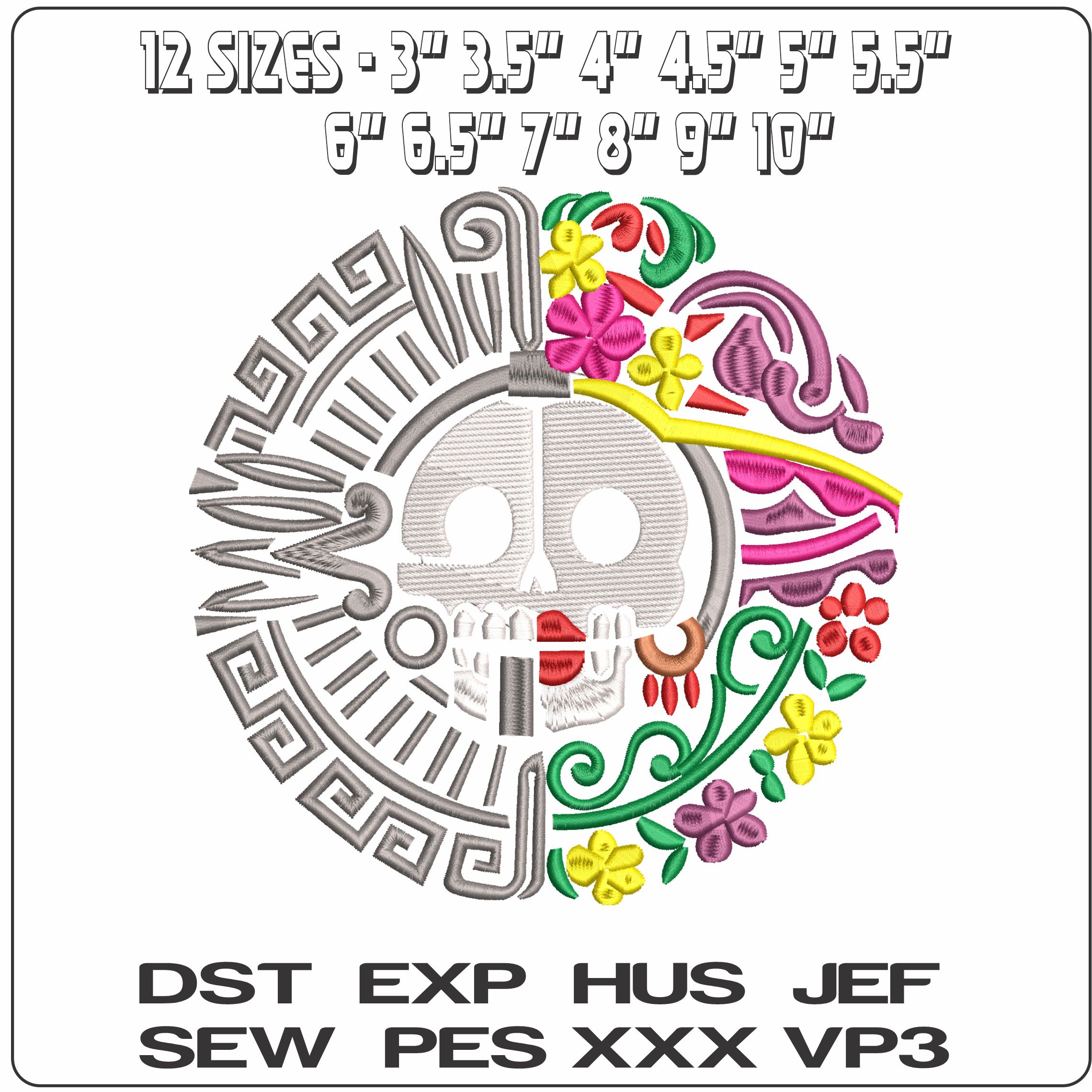 Aztec Split Sugar Skull - Elegant embroidery design file - instant download — view 2