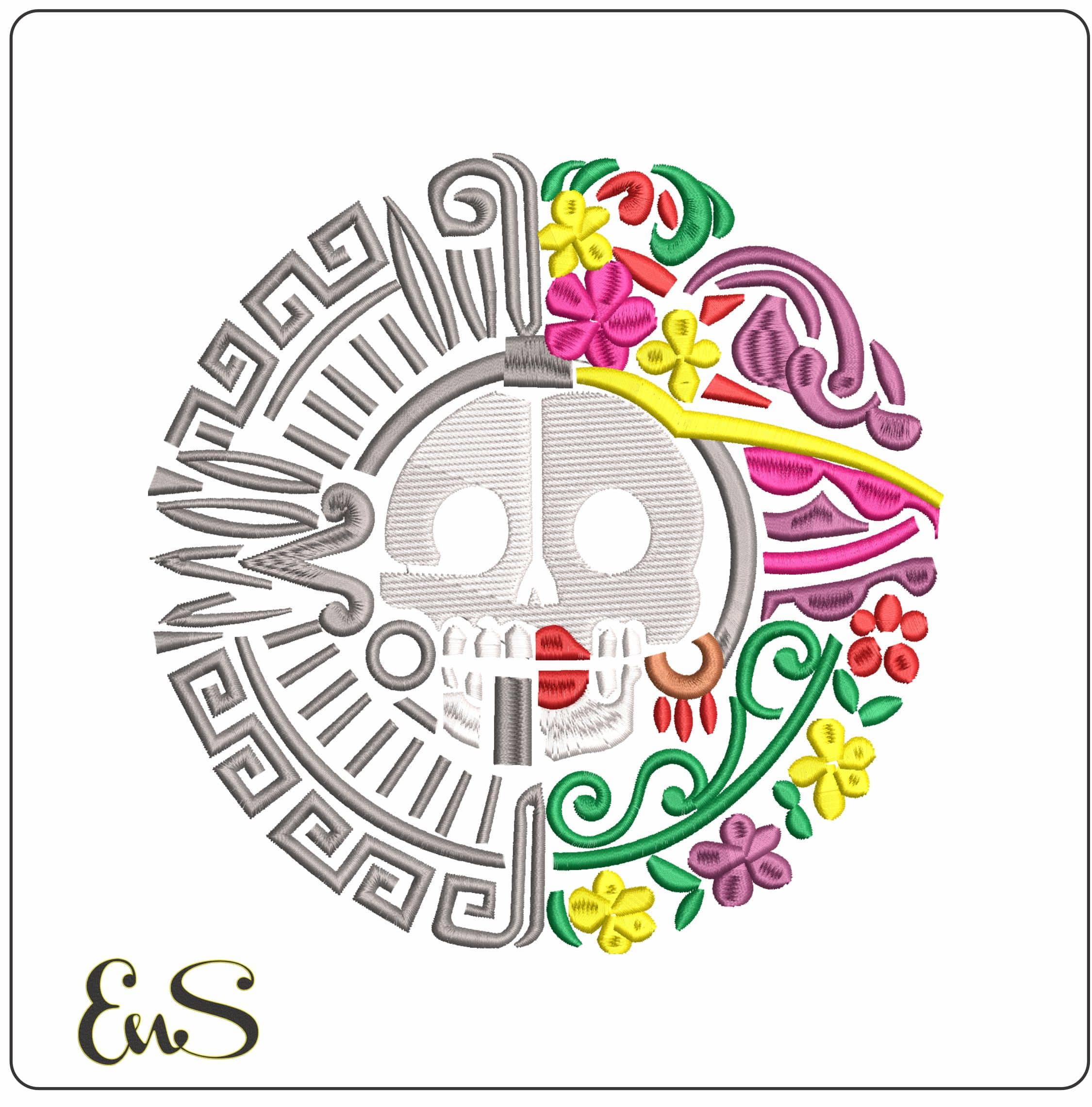 Aztec Split Sugar Skull - Elegant embroidery design file - instant download