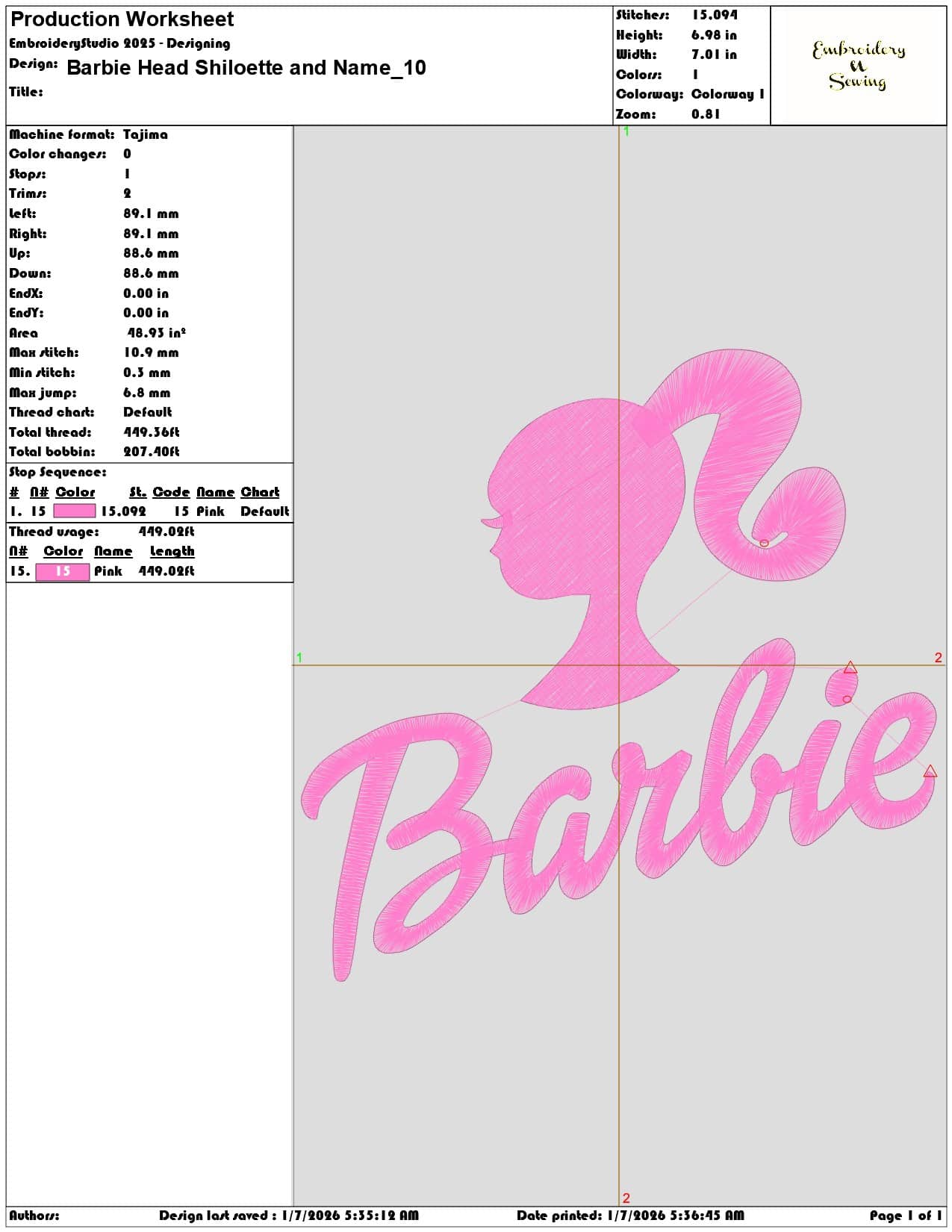 Barbie Head Shiloette and Name - Elegant embroidery design file - instant download — view 3