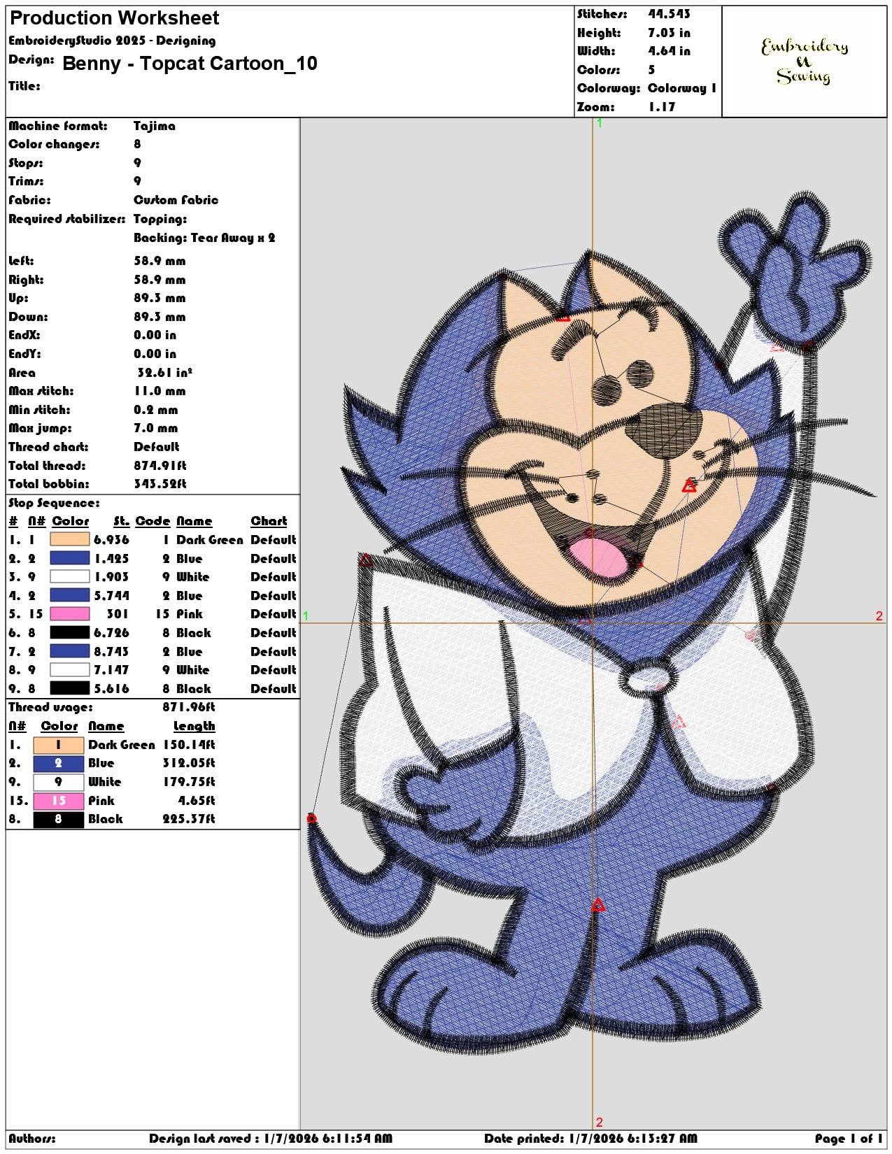 Benny Topcat Cartoon - Elegant embroidery design file - instant download — view 3