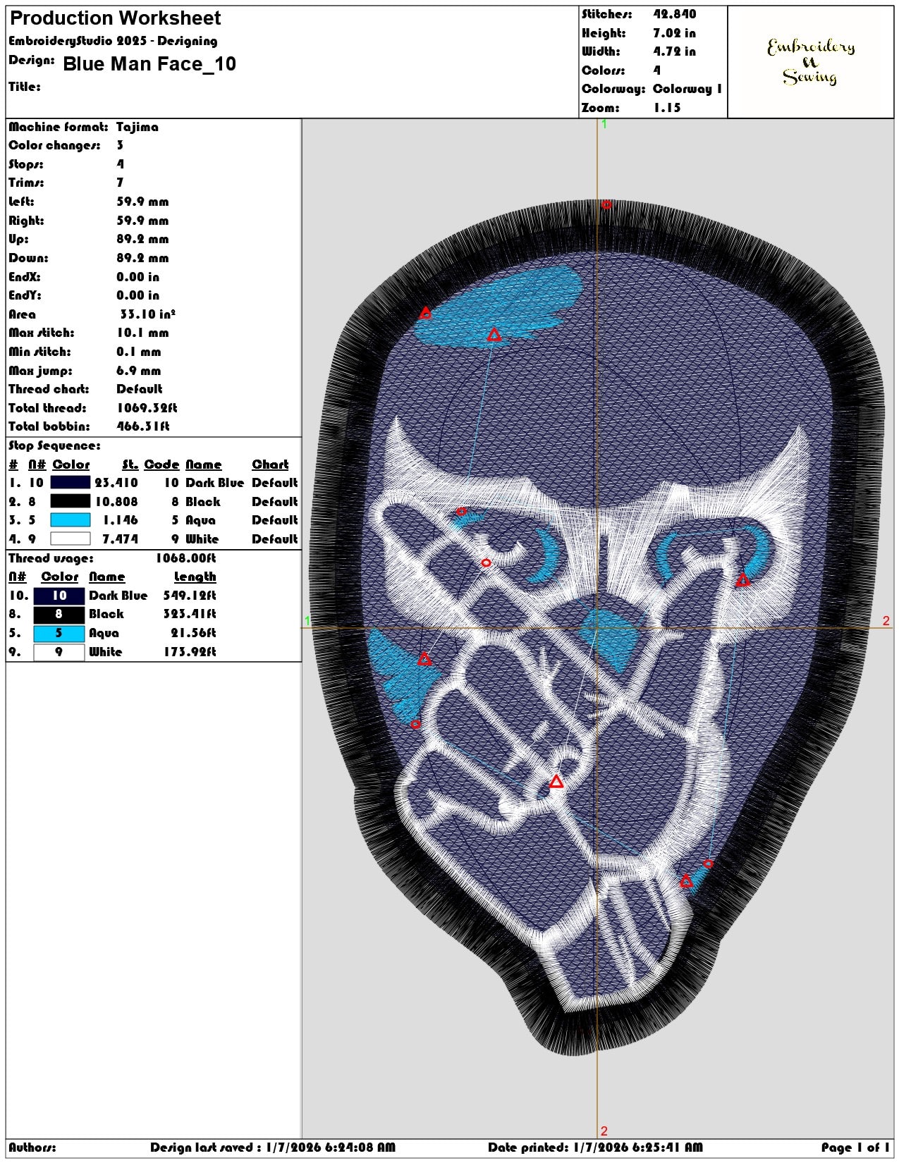 Blue Man Face - Elegant embroidery design file - instant download — view 3