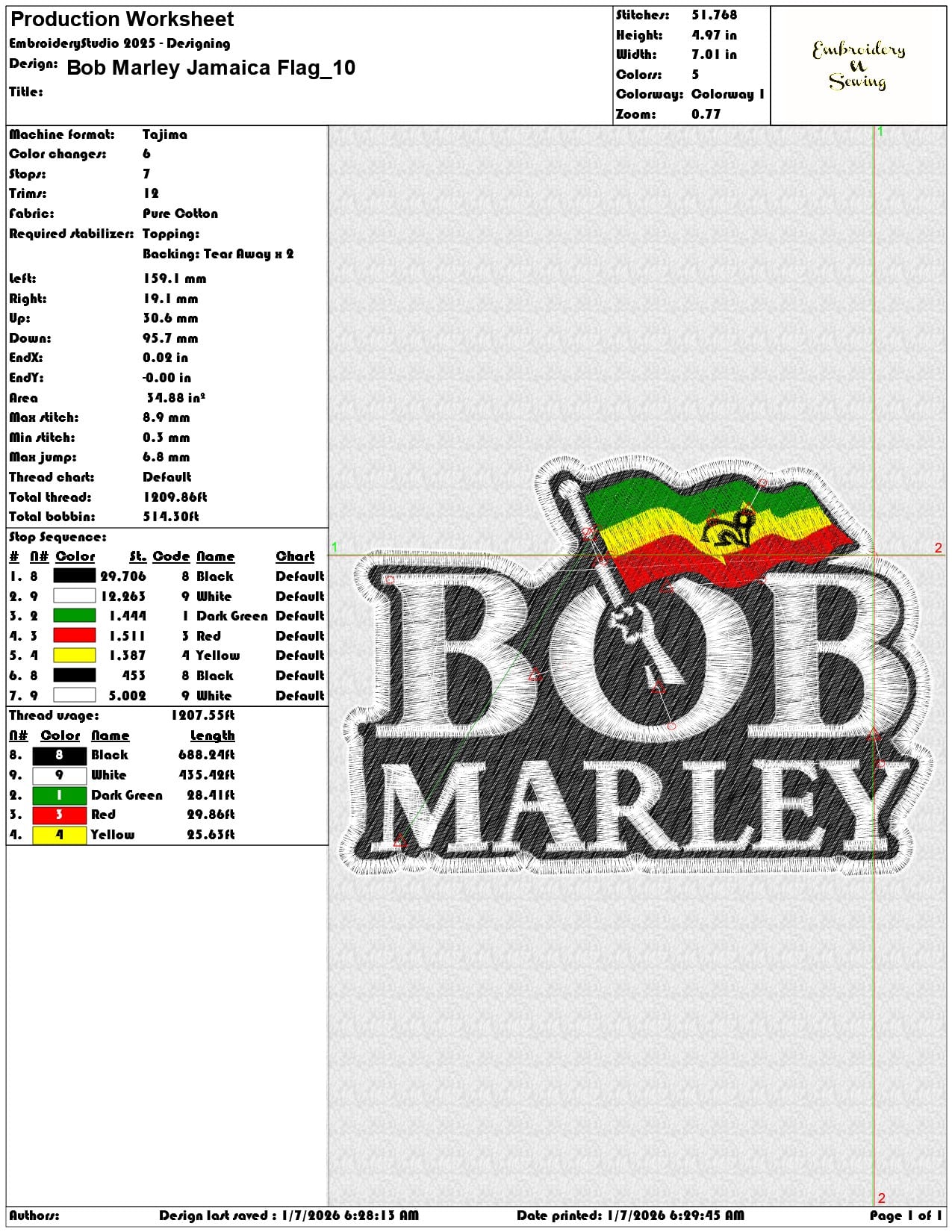 Bob Marley Jamaica Flag - Elegant embroidery design file - instant download — view 3